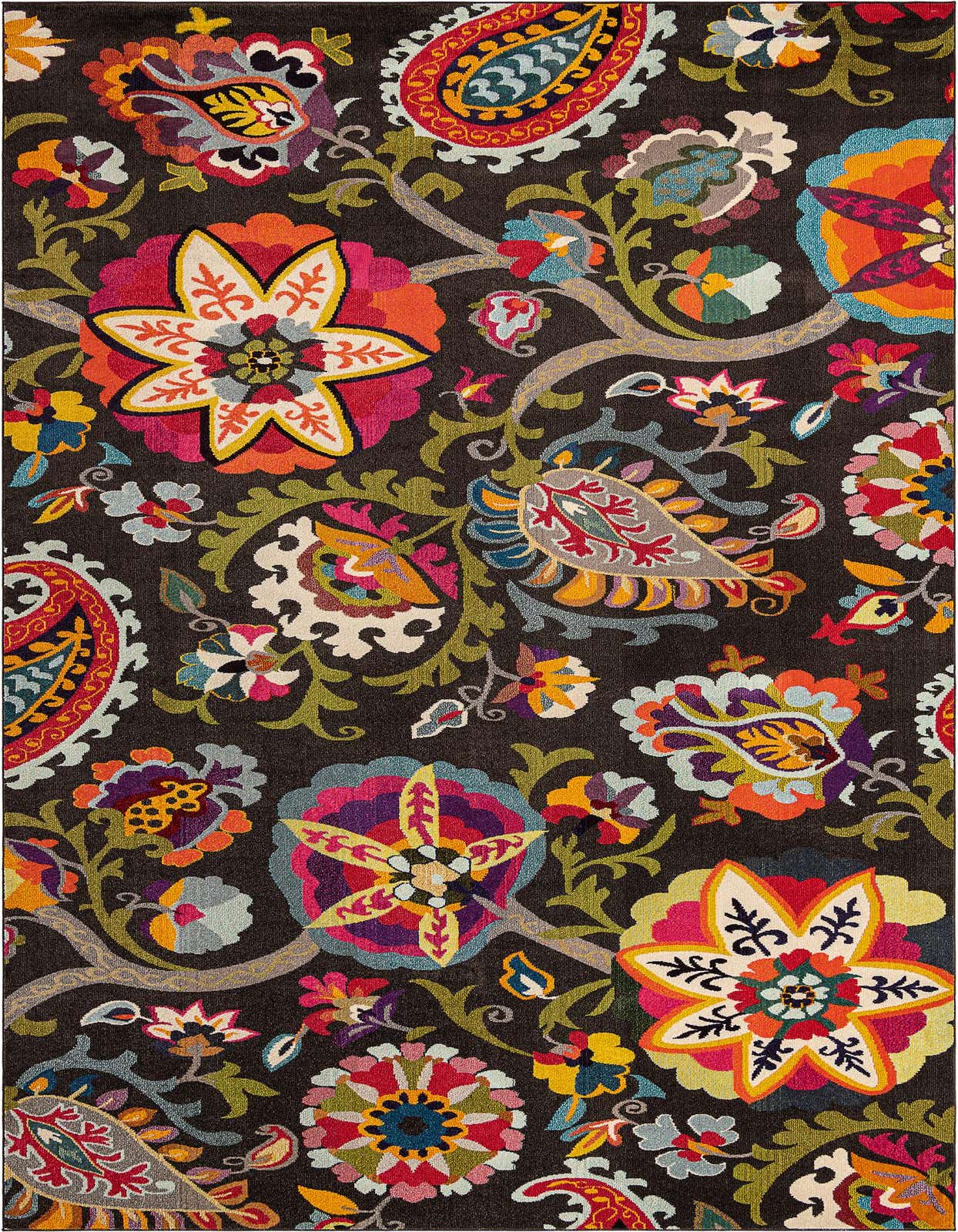 A rectangular brown rug with a vibrant, multicolored bohemian floral and paisley pattern, ideal for a living room.