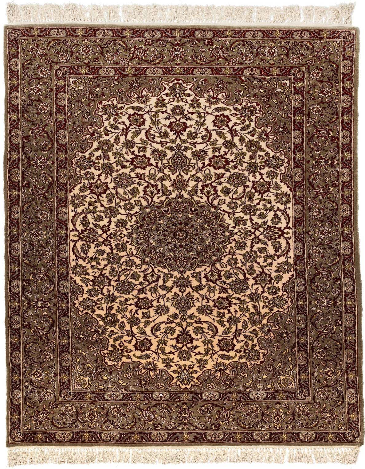 A 4x6 rectangular Isfahan rug featuring a detailed traditional floral medallion pattern in browns, tans, and deep red, with fringe.