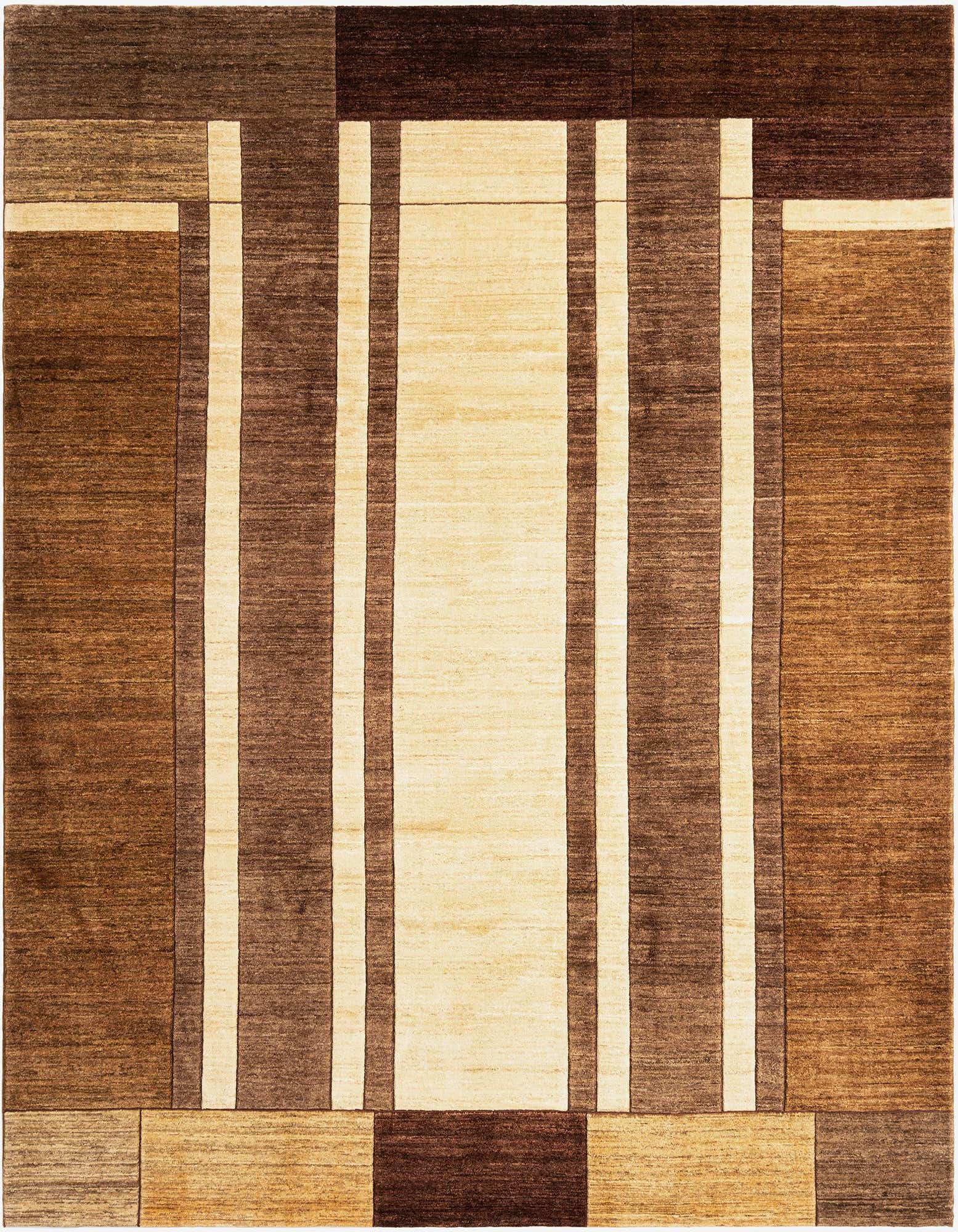 A rectangular 8x10 Juma Persian wool rug featuring a geometric pattern in varying shades of brown and tan.