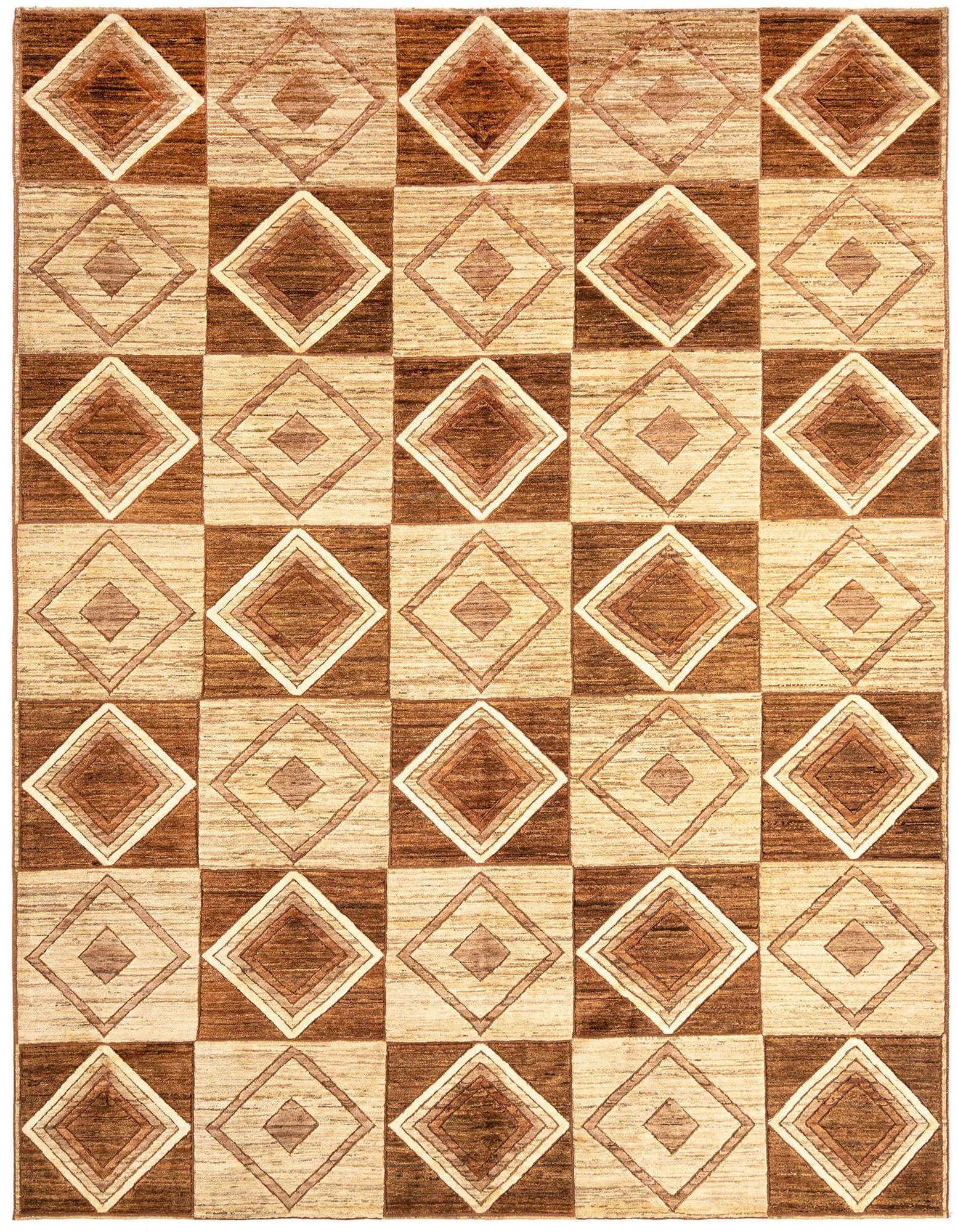 A rectangular 8x10 Juma Persian wool rug featuring a geometric pattern of alternating brown and tan squares with concentric diamond designs.