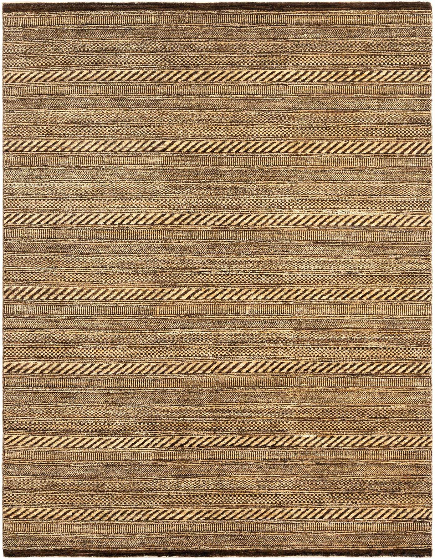 A 4x6 rectangular Juma collection rug in varying shades of brown and tan, featuring horizontal stripes with intricate Persian patterns.