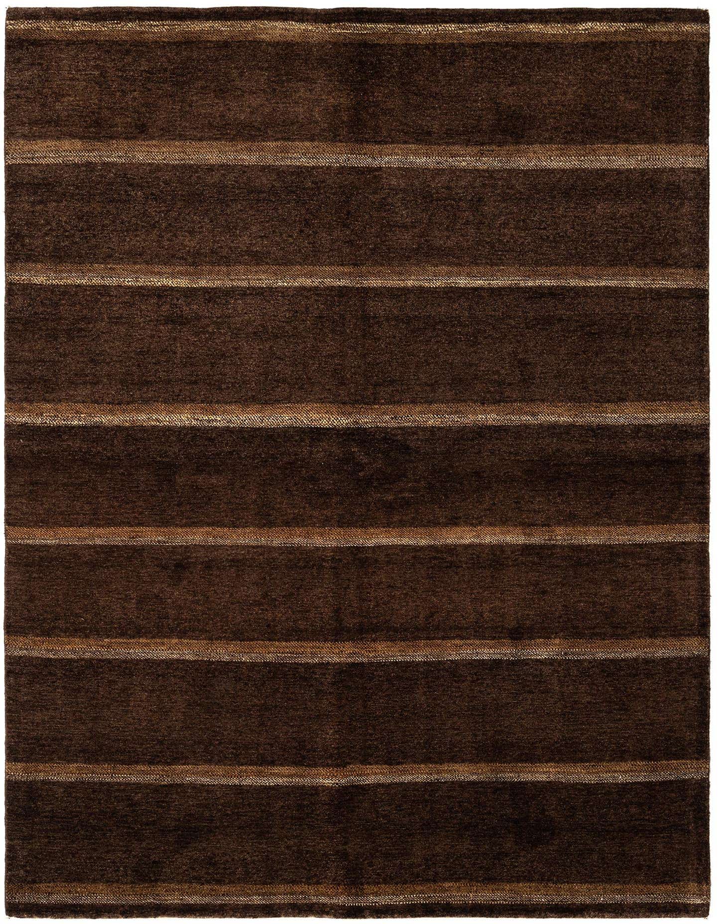 A 5x8 rectangular Juma Persian rug in rich brown with subtle tan horizontal stripes, made of wool.