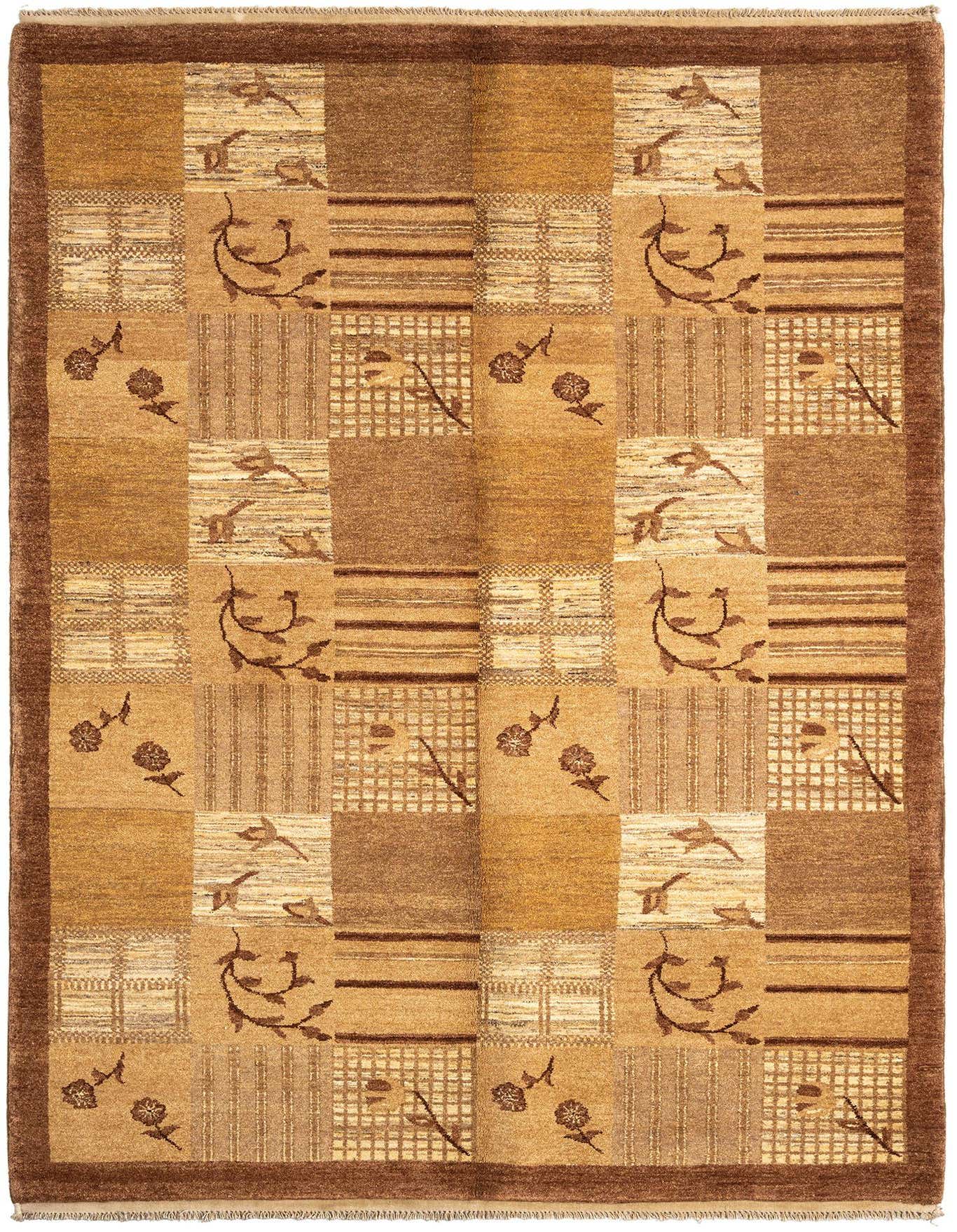 A 5x8 rectangular Juma Persian rug in shades of brown and tan, featuring a patchwork design with floral and geometric patterns, perfect for an entryway or living room.