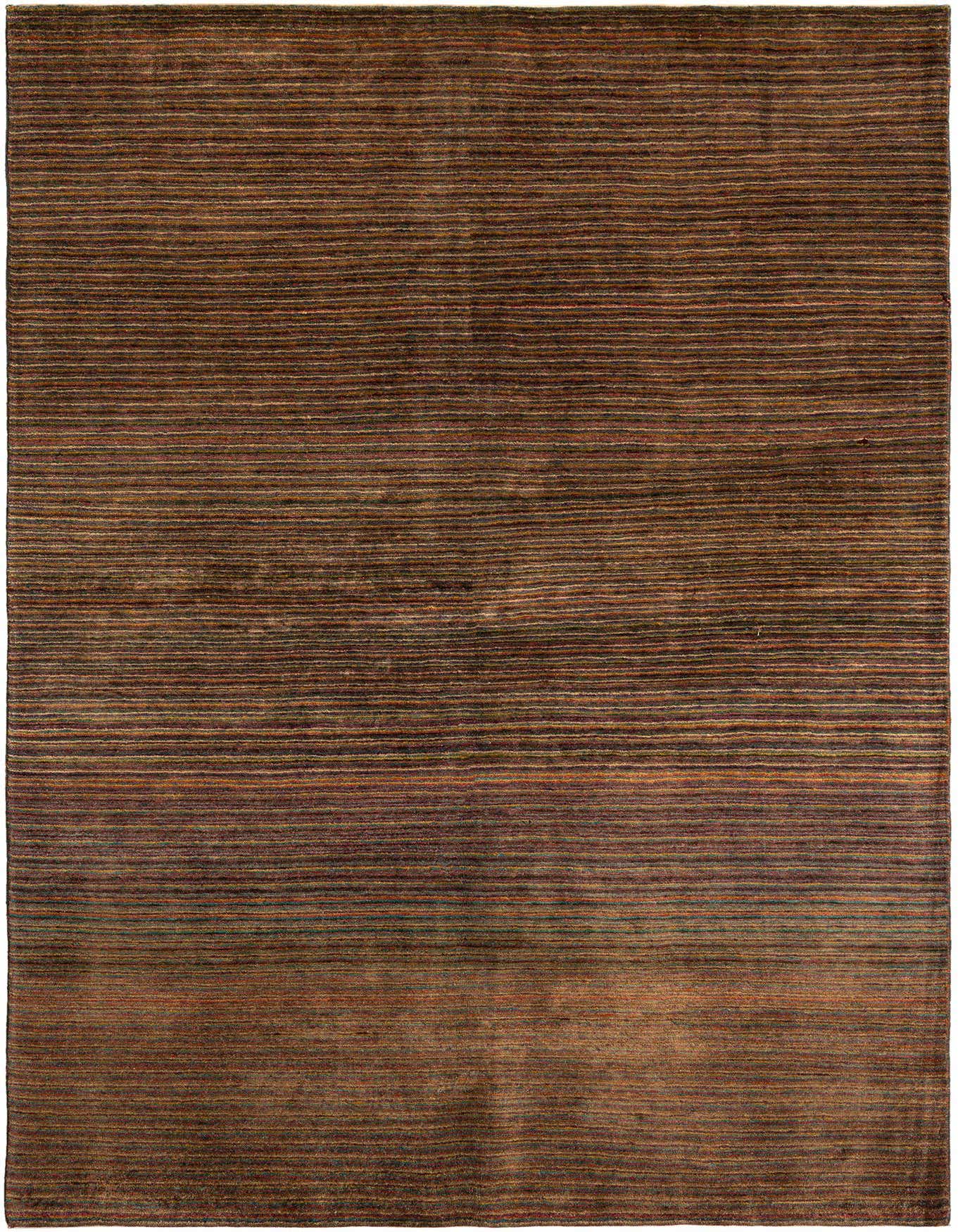 A 5x8 rectangular Juma rug featuring horizontal stripes in varying shades of brown, tan, and subtle earth tones.