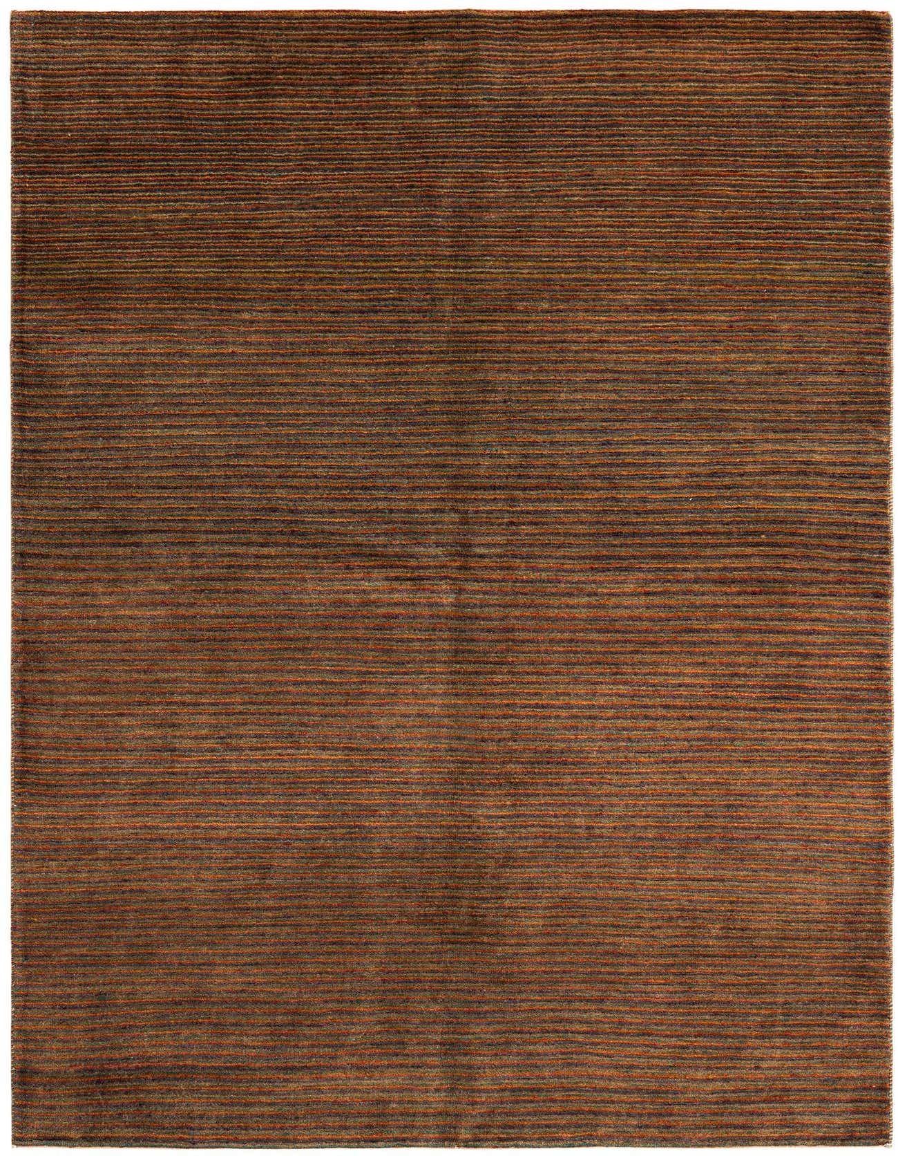A 5x8 rectangular Juma rug from Rugs.com, featuring a Persian-inspired pattern with varying shades of brown and tan horizontal stripes, suitable for an indoor living room.