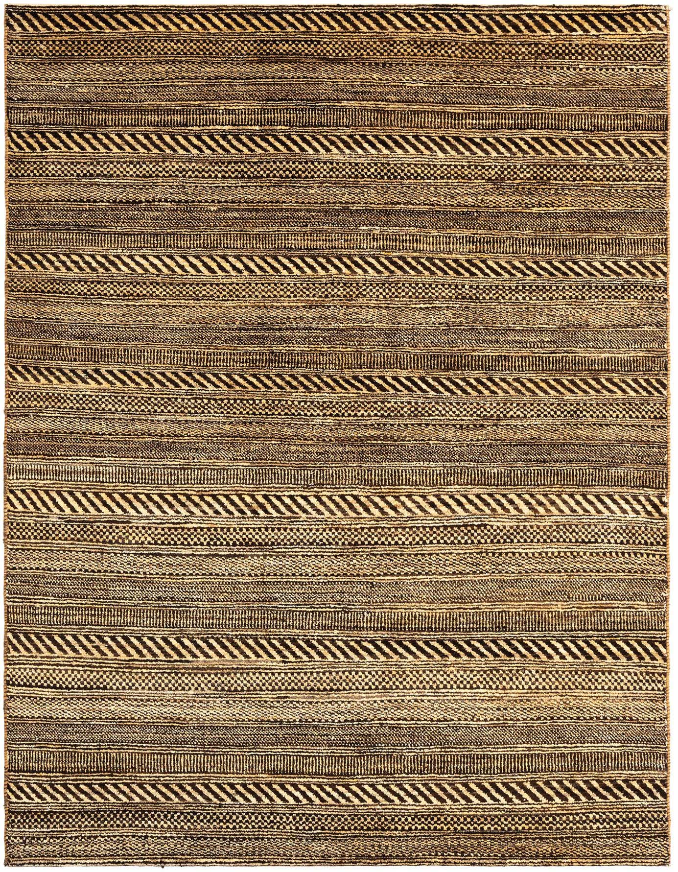 A 4x6 rectangular Juma Persian wool rug in shades of brown and tan, featuring intricate striped and geometric patterns.