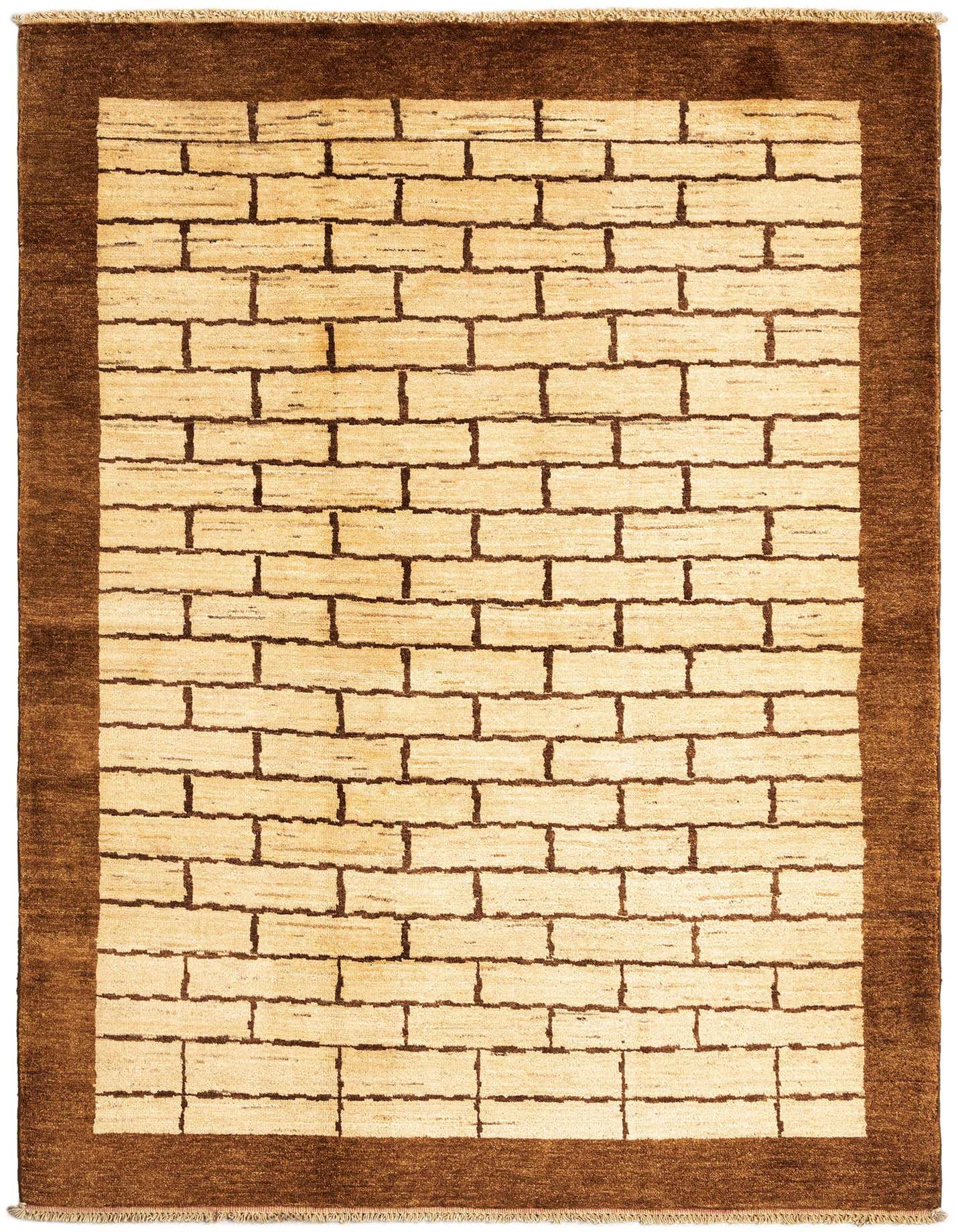 A 4x6 rectangular Juma Persian rug featuring a tan brick-like pattern with dark brown grout lines and a solid dark brown border.