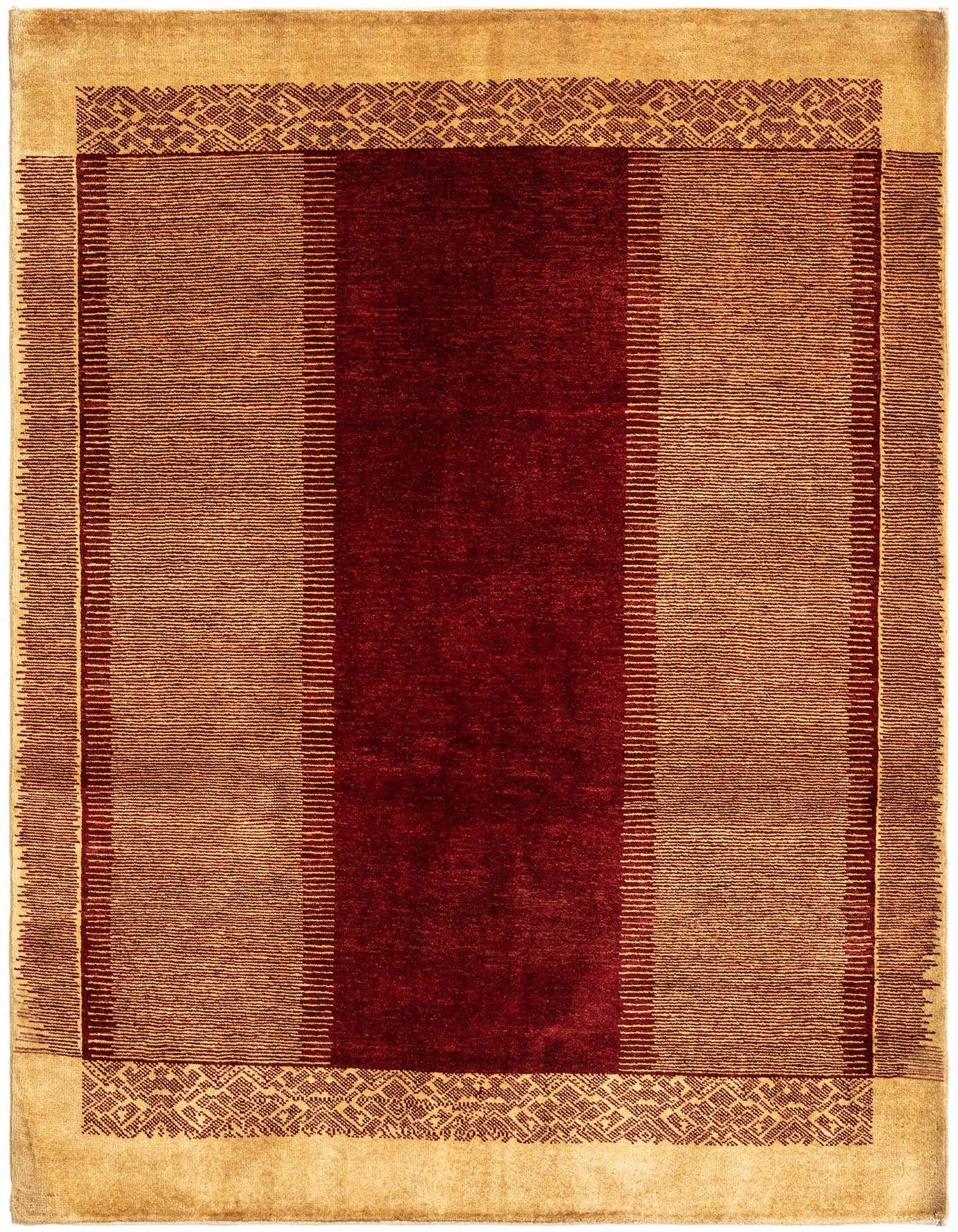 A rectangular 4x6 Juma Persian rug in shades of brown and tan, featuring a wide central stripe and geometric border.