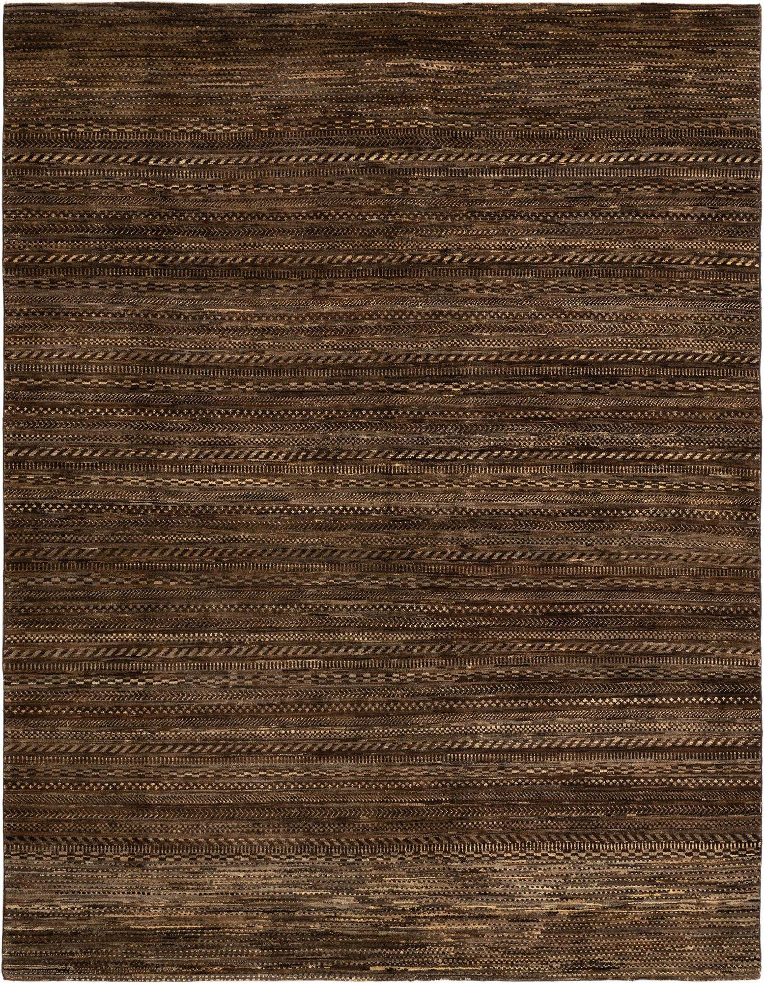 A 5x8 rectangular Juma Persian rug in varying shades of brown and tan, featuring horizontal striped patterns.