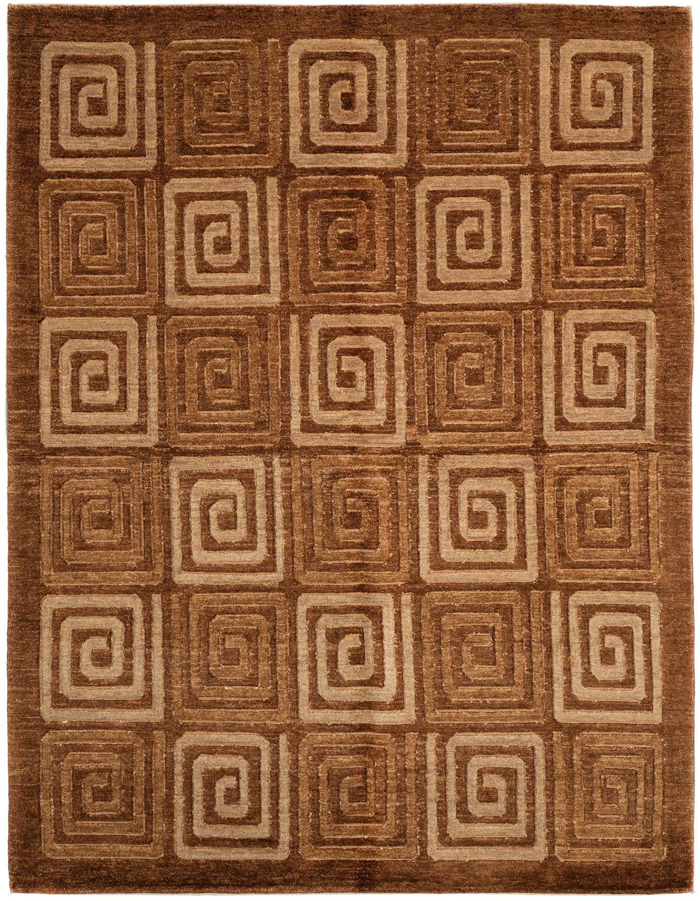 A 6x9 rectangular brown and tan wool rug with a repeating square spiral pattern, perfect for a living room.
