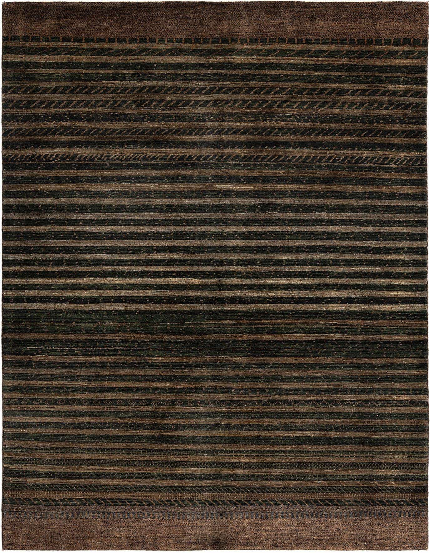 A 5x8 rectangular Juma rug with alternating dark brown and tan horizontal stripes, featuring subtle Persian patterns.