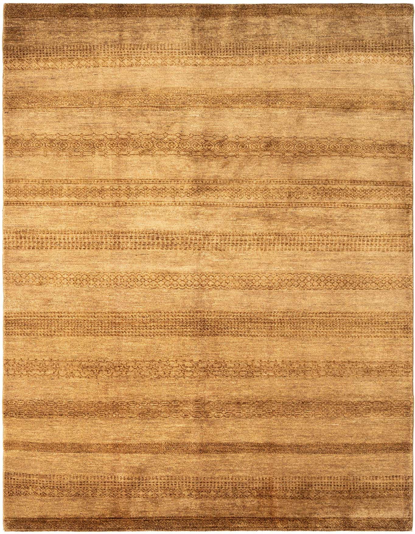 A 5x8 rectangular Juma Persian rug in varying shades of brown and tan with horizontal striped patterns.