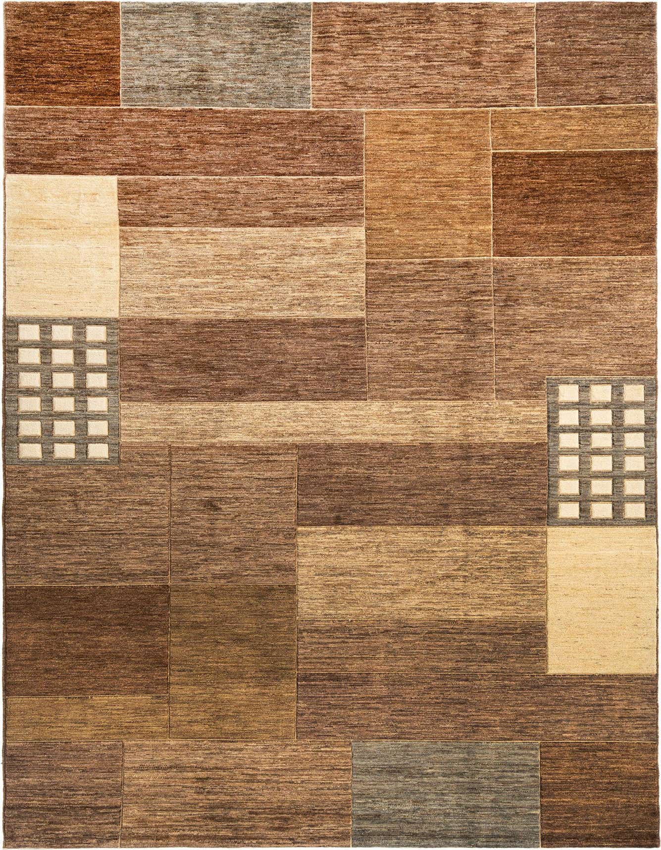 A 7x10 rectangular Juma rug featuring a modern Persian patchwork design in varying shades of brown, tan, and subtle gray, with two square grid patterns.