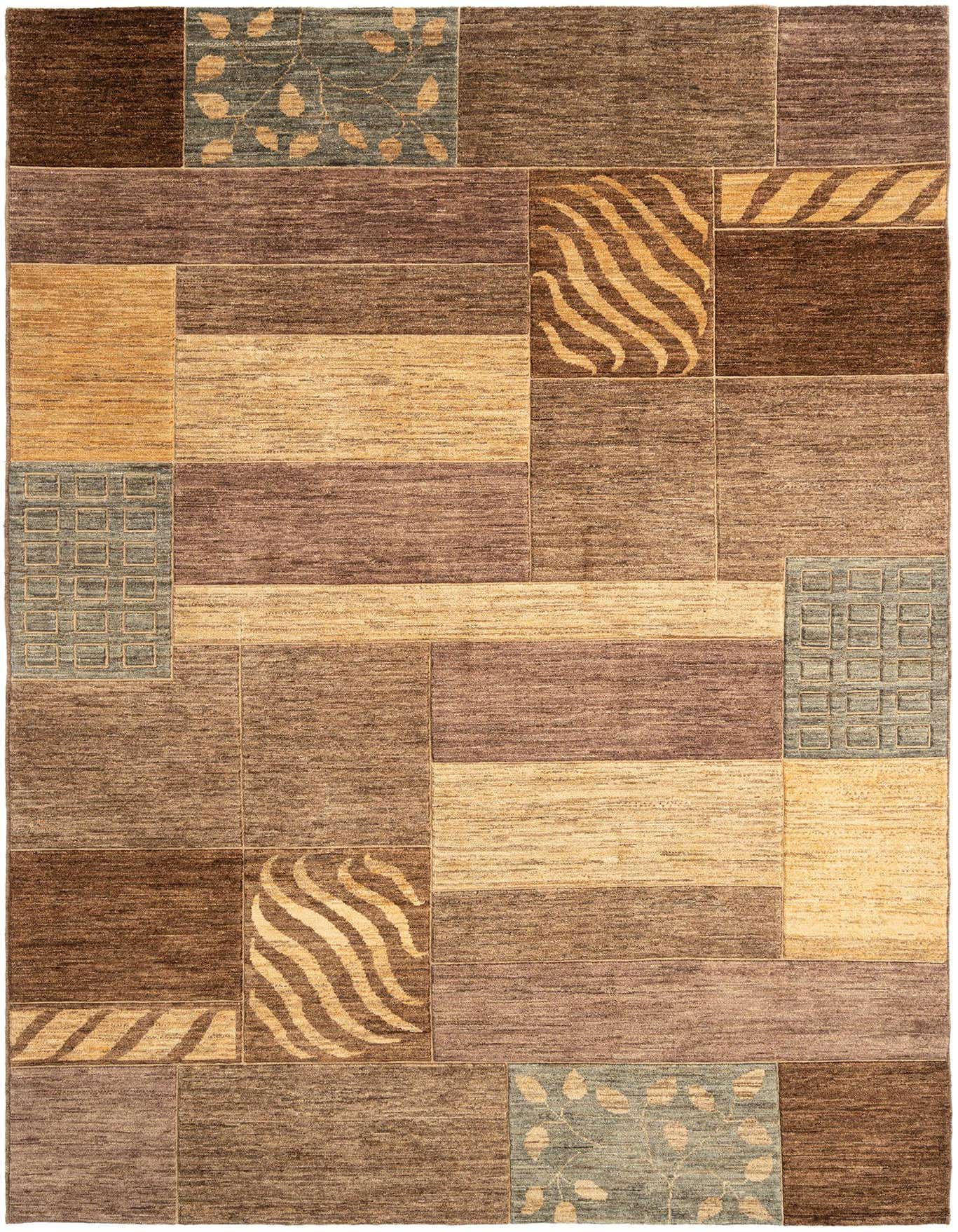 A 7x10 rectangular Juma rug featuring a patchwork design in various shades of brown and tan, with some blocks showing subtle patterns like stripes, leaves, or grids.