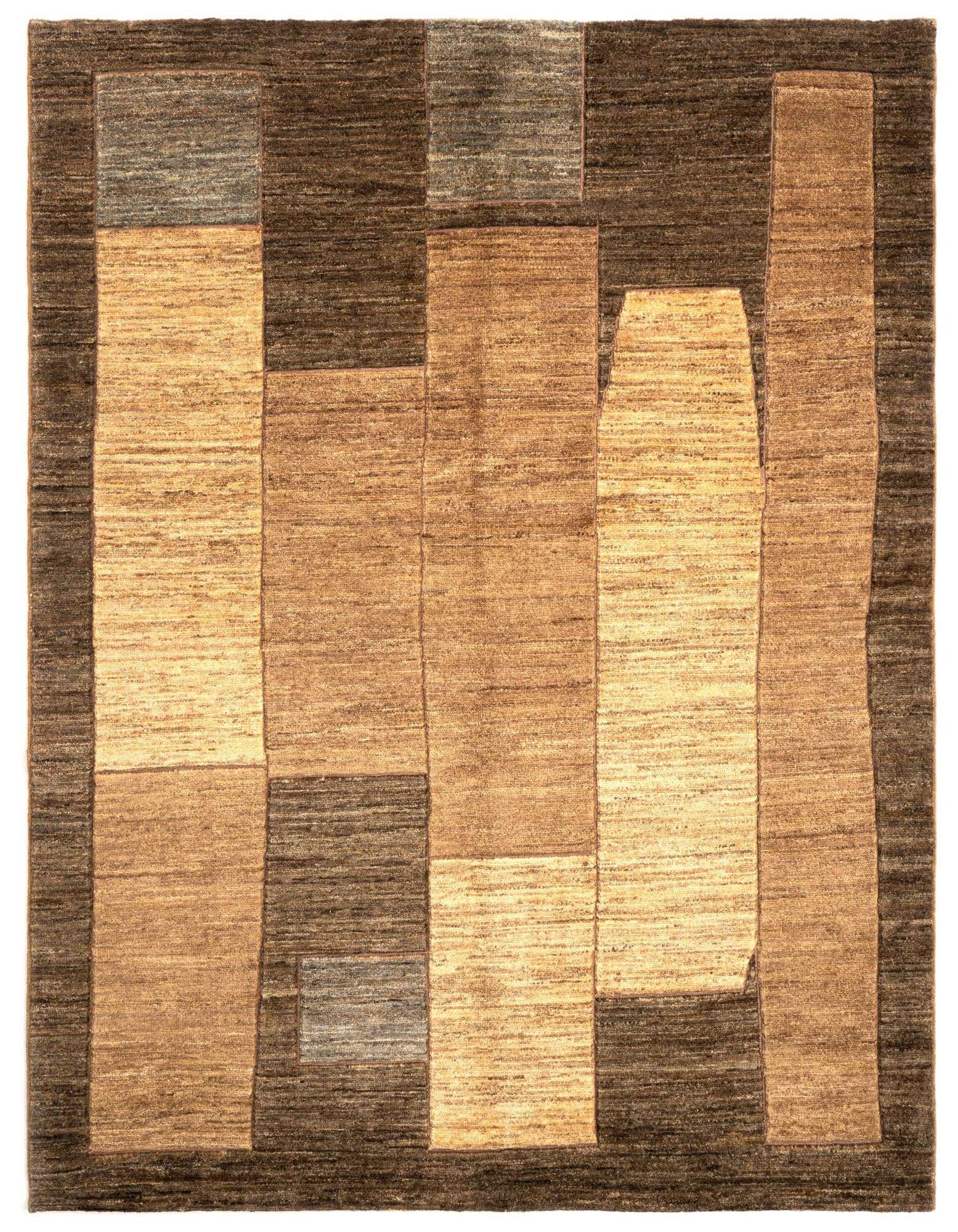 A 4x6 rectangular Juma Persian wool rug featuring a modern abstract pattern in varying shades of brown and tan.