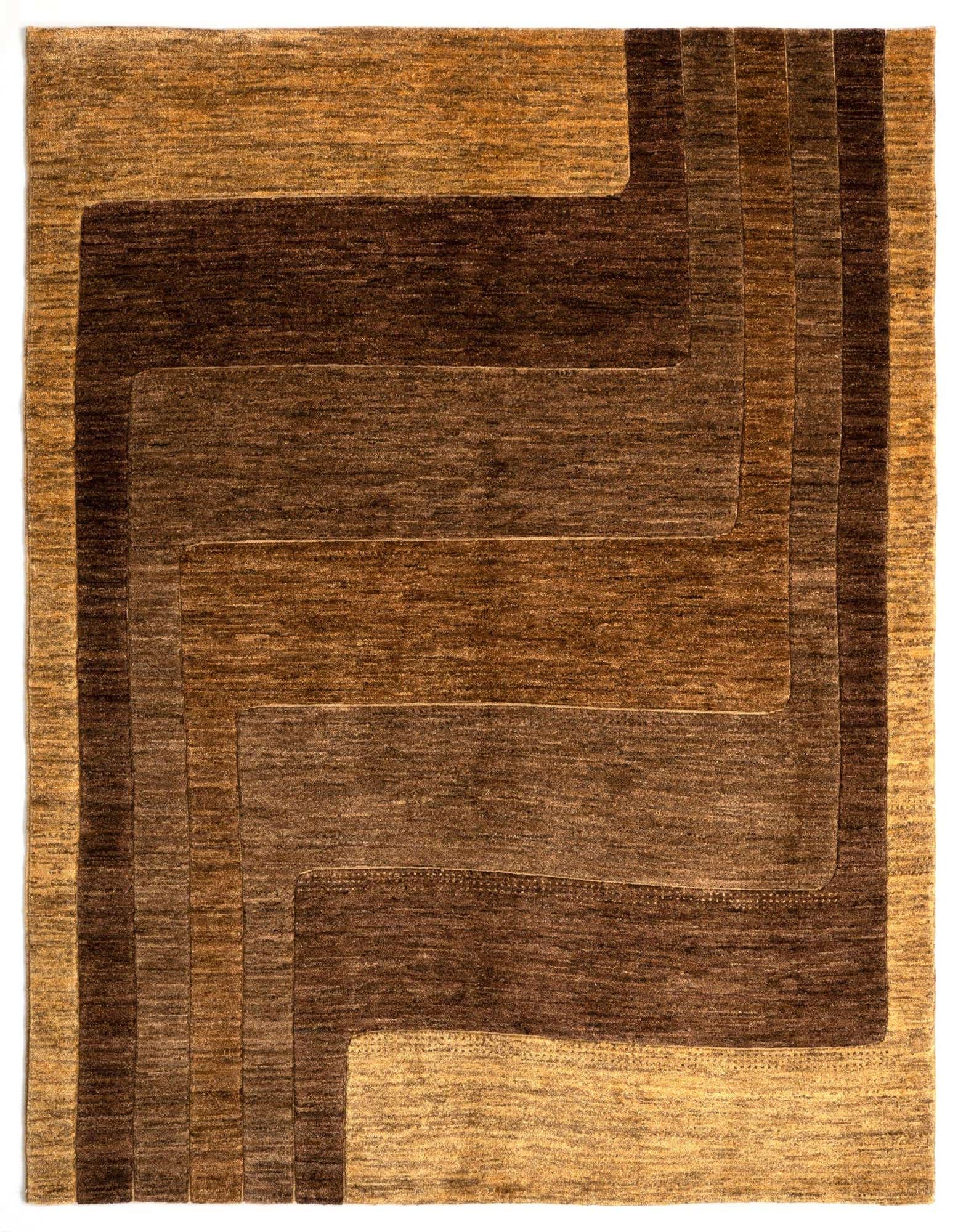 A 4x6 rectangular Juma Persian rug in varying shades of brown and tan, featuring a stepped geometric border pattern.