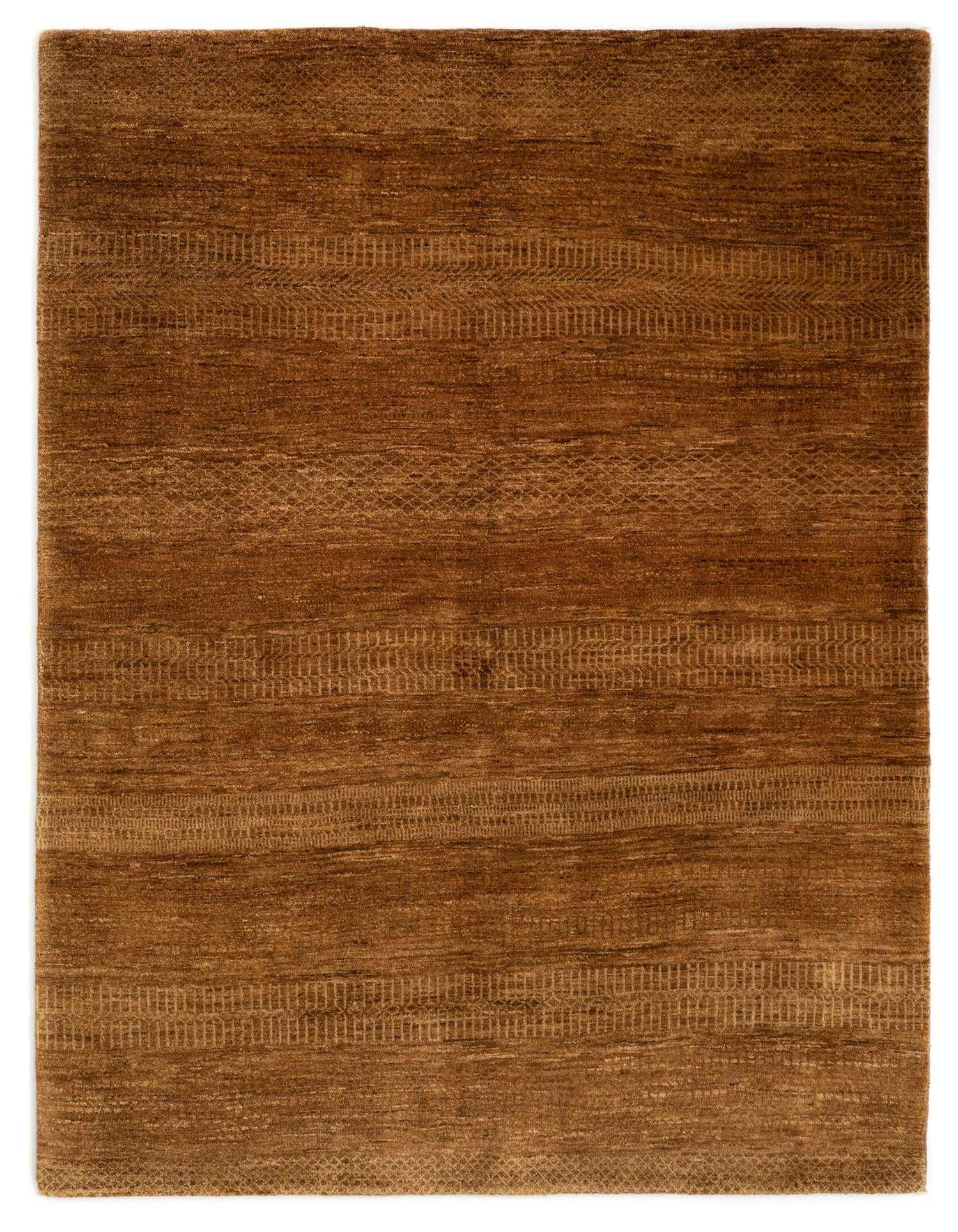 A 5x8 rectangular Juma Collection rug in varying shades of brown wool, featuring subtle striped and diamond patterns.
