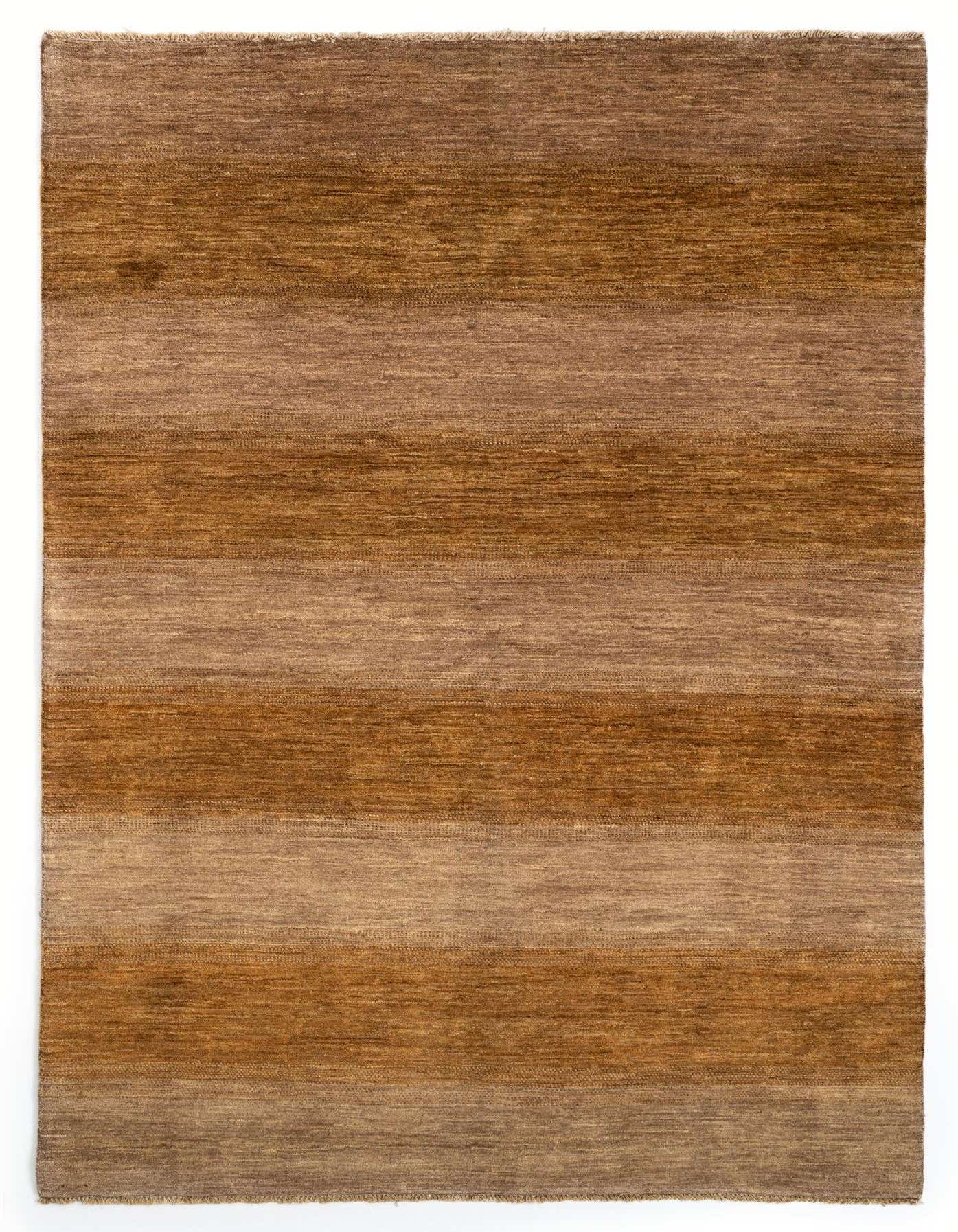 A 5x8 rectangular Juma Persian rug featuring horizontal stripes in varying shades of brown and tan.