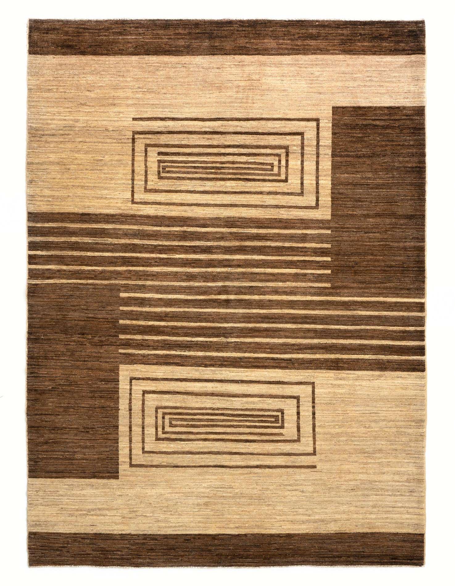 A 5x8 rectangular Juma Persian rug in varying shades of brown and tan, featuring a geometric pattern with horizontal stripes and two large spiral rectangles.