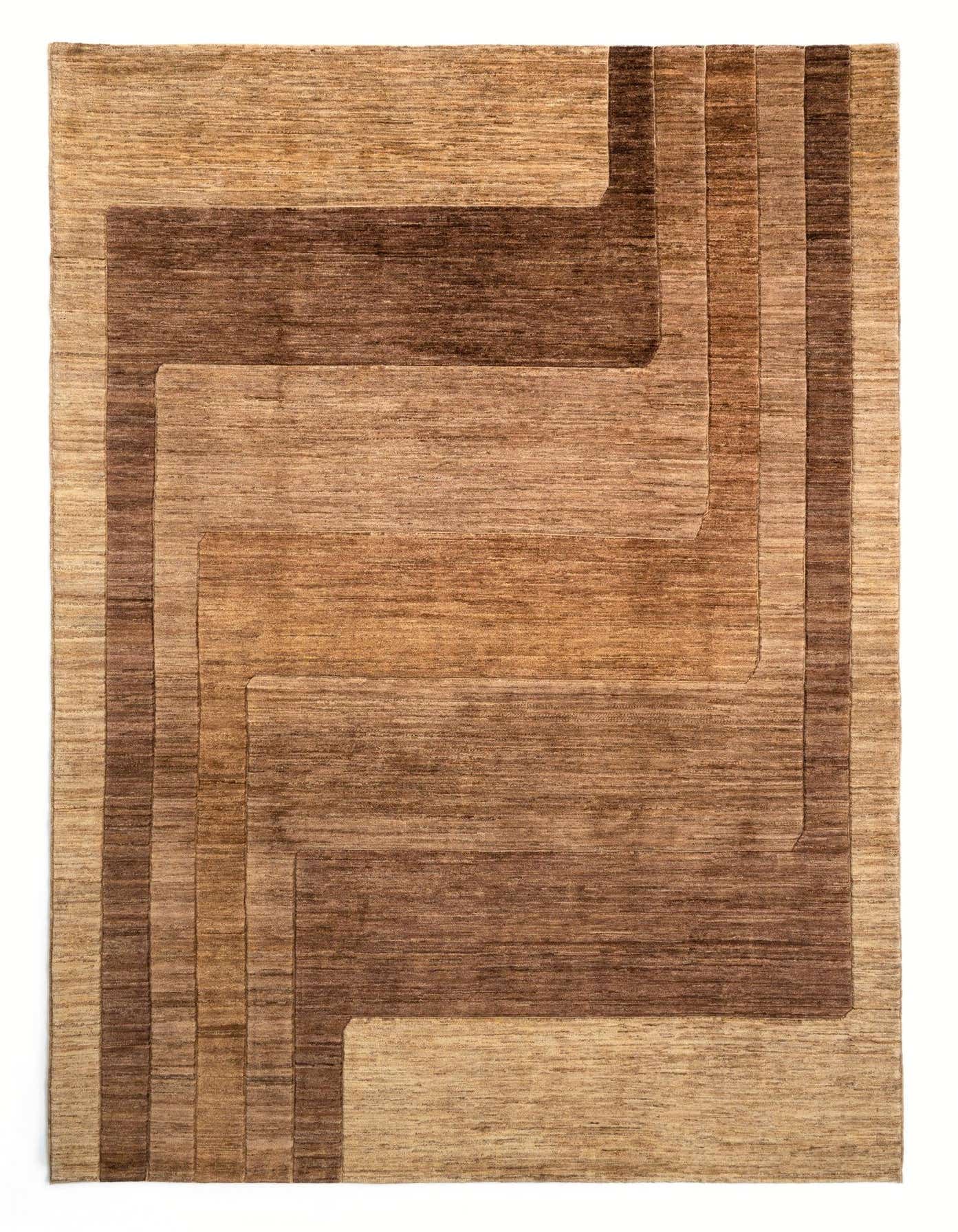 A rectangular 6x9 Juma Persian wool rug featuring a geometric pattern in varying shades of brown and tan.