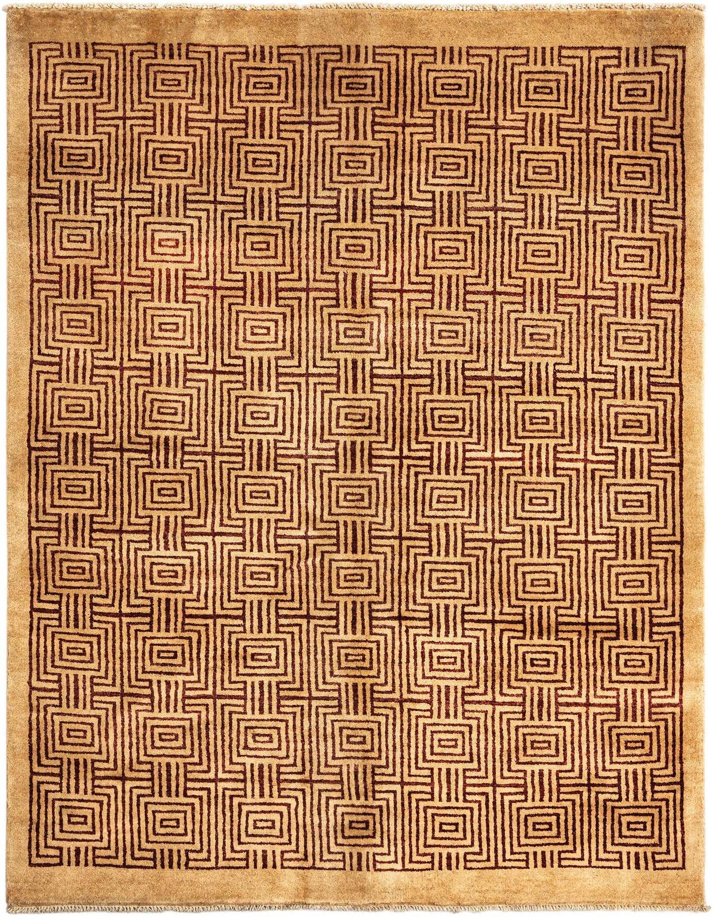 A 5x8 rectangular brown and tan wool rug with a repeating geometric pattern of interconnected squares, suitable for various indoor rooms.