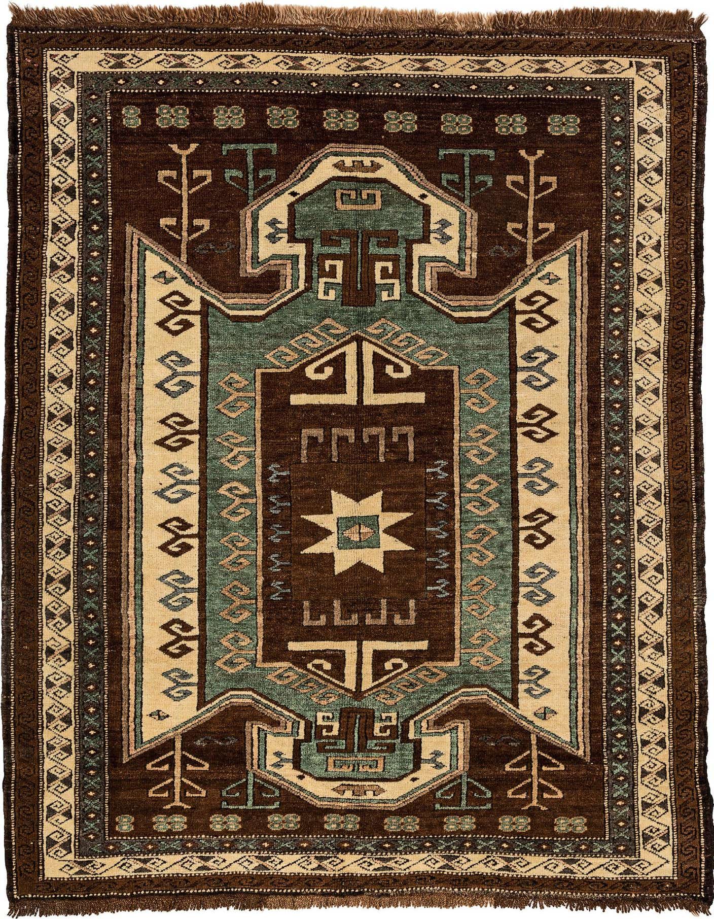 A 5x7 rectangular Kars rug featuring a complex tribal medallion pattern in rich browns, tans, and teal, with fringed ends.