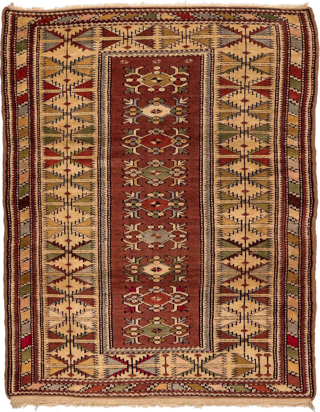 A 4x6 rectangular Kars tribal rug in browns and tans, featuring traditional geometric patterns and a central medallion.