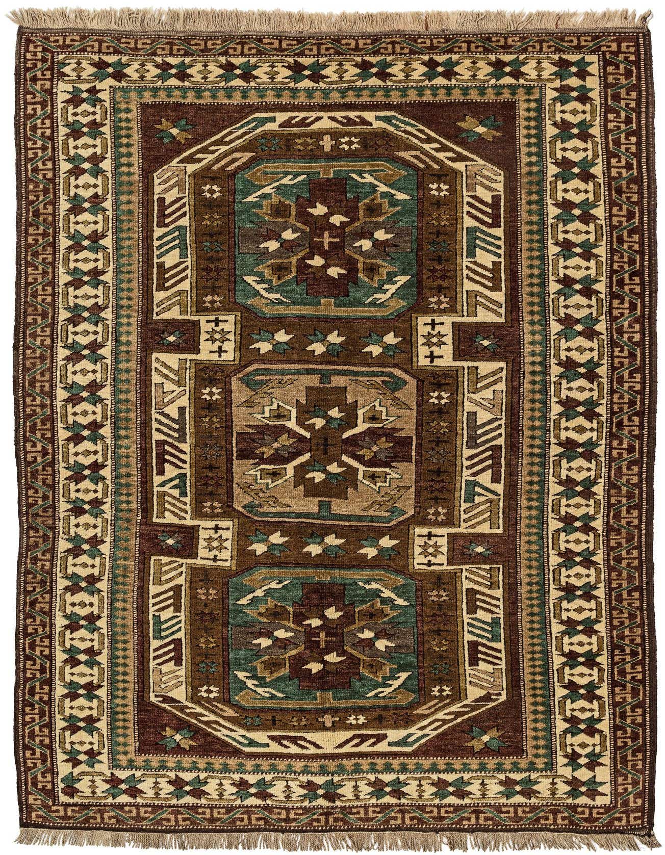 A 4x6 rectangular Kars rug featuring a complex tribal medallion pattern in rich browns, tans, and deep teal, with fringed ends.