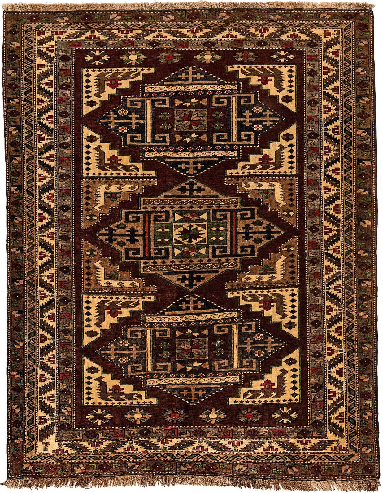 A 5x7 rectangular Kars tribal rug in rich browns and tans, featuring intricate geometric patterns with fringe.