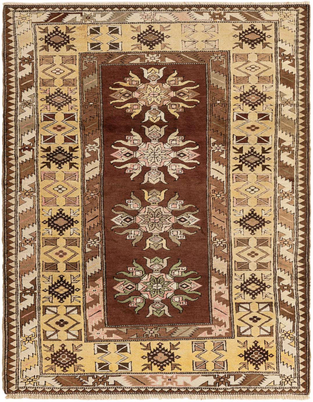 A 4x6 rectangular Kars area rug featuring a brown center with tribal medallions and a tan border with geometric patterns.
