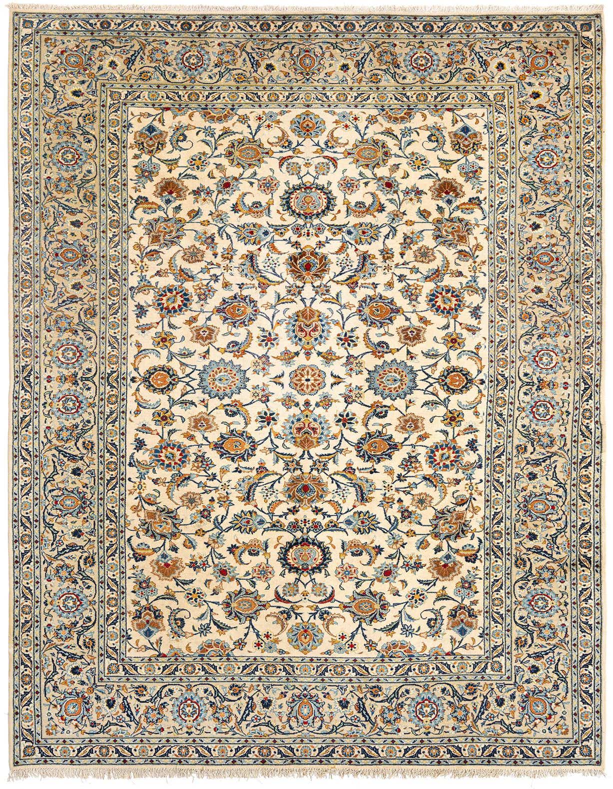 An 8x11 rectangular Persian rug with a cream background, intricate floral patterns in blue, gold, and red, and a detailed border.