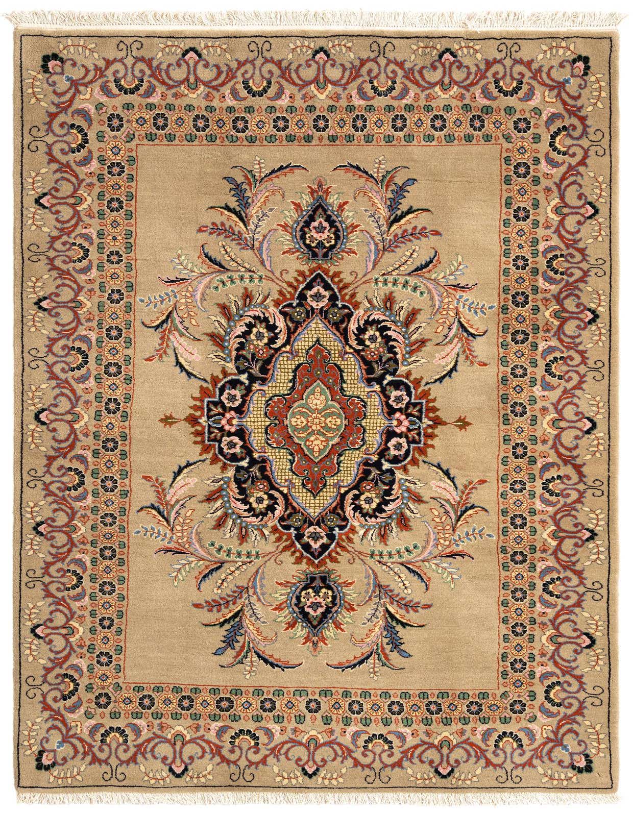 A 5x8 rectangular Persian wool rug in brown and tan, featuring an ornate floral medallion and intricate border.