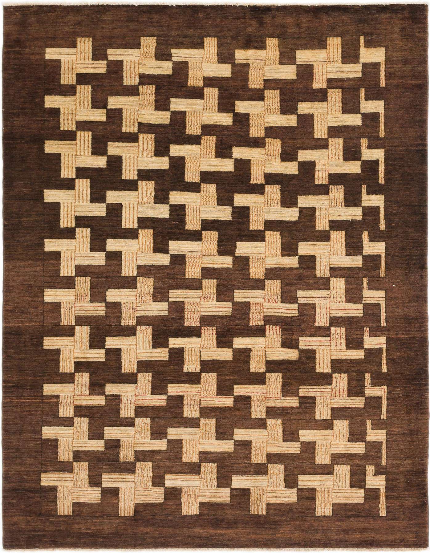 A 6x9 rectangular brown wool area rug with a modern abstract pattern of interlocking tan and brown shapes.