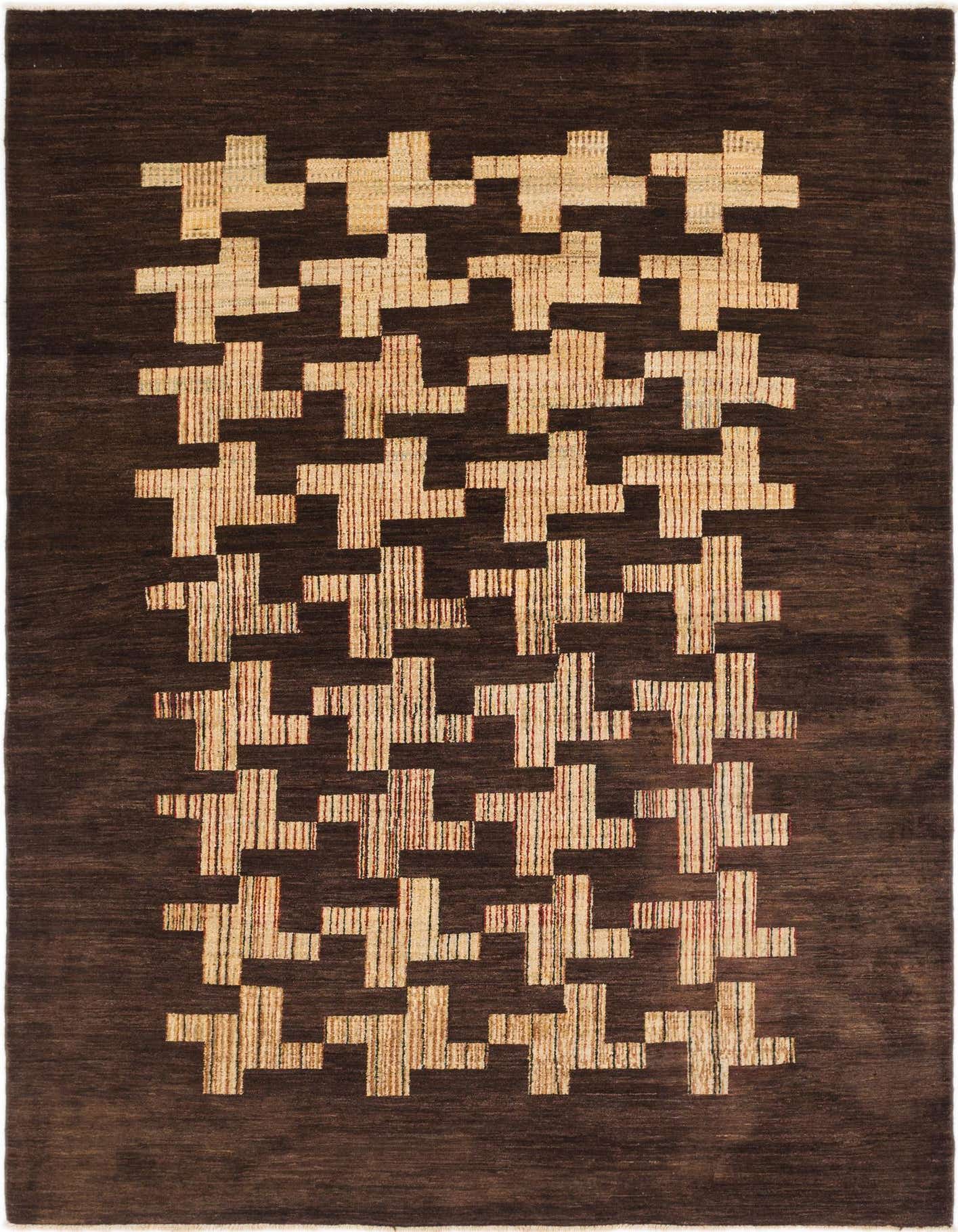 A 6x9 rectangular brown wool rug with a modern tan and reddish-brown striped geometric pattern in the center.