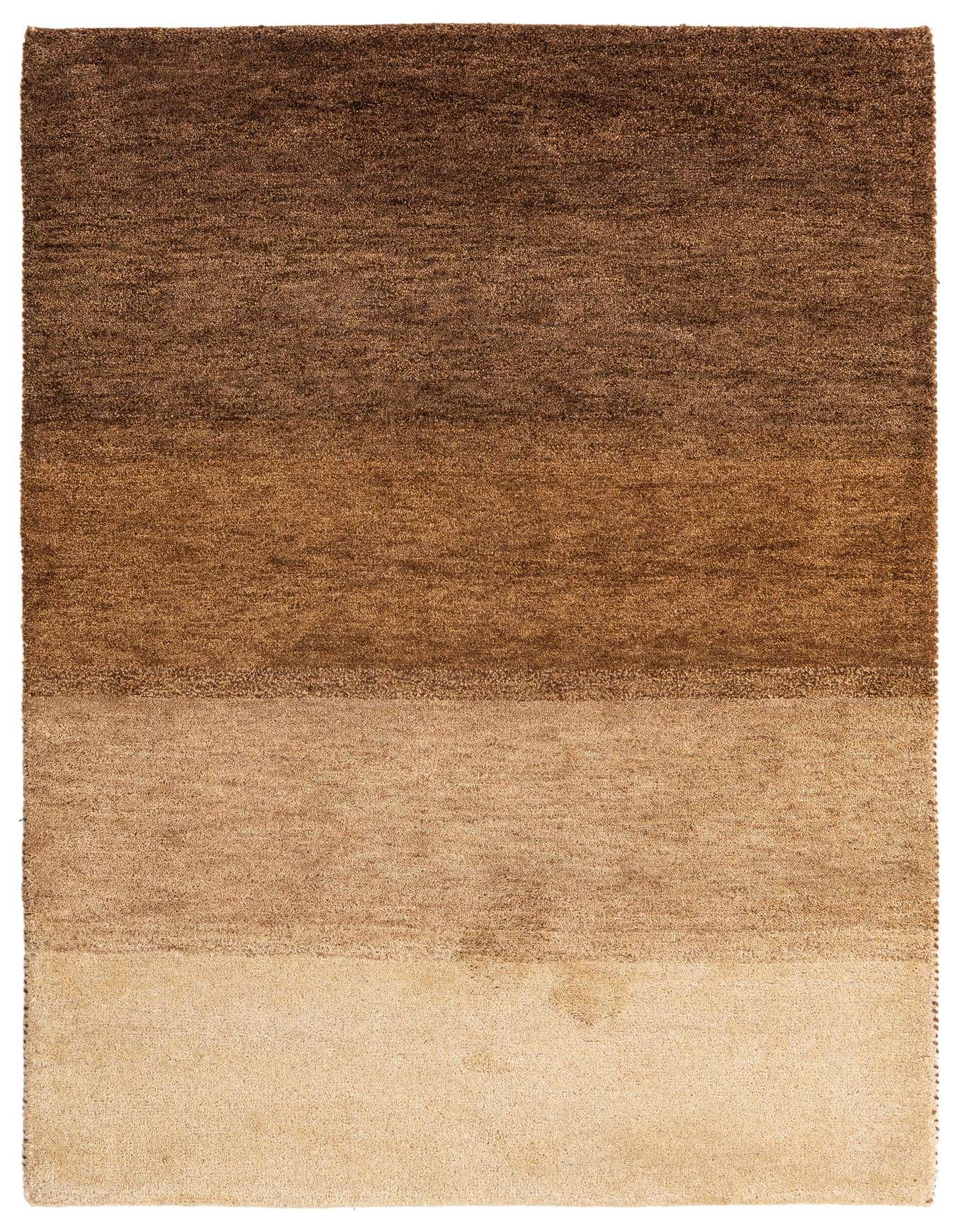A 4x6 rectangular Kashkuli Gabbeh wool rug featuring a modern abstract design with horizontal stripes in varying shades of brown and tan.