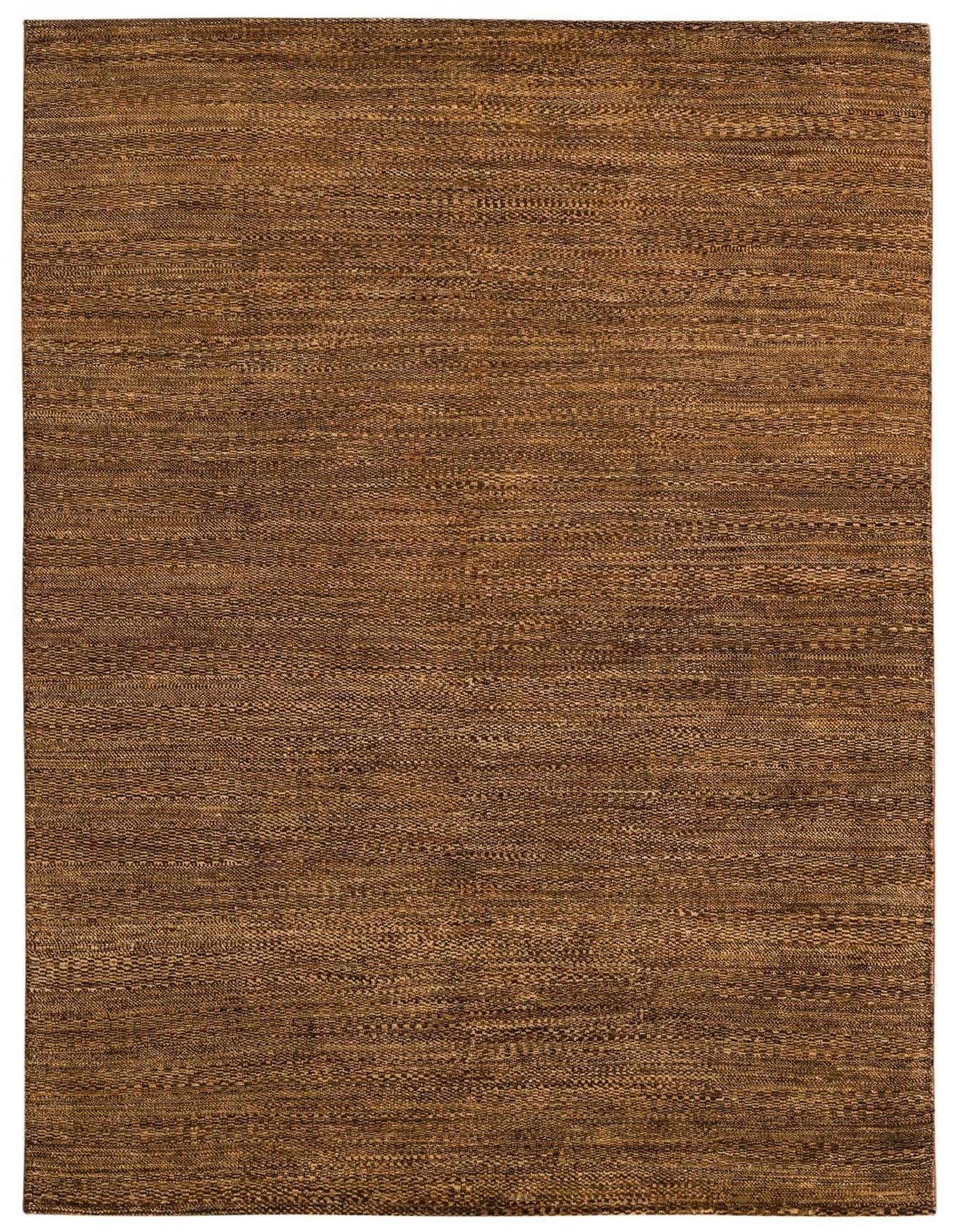 A rectangular 5x8 Kashkuli Gabbeh rug in varying shades of brown and tan, featuring a modern abstract pattern.