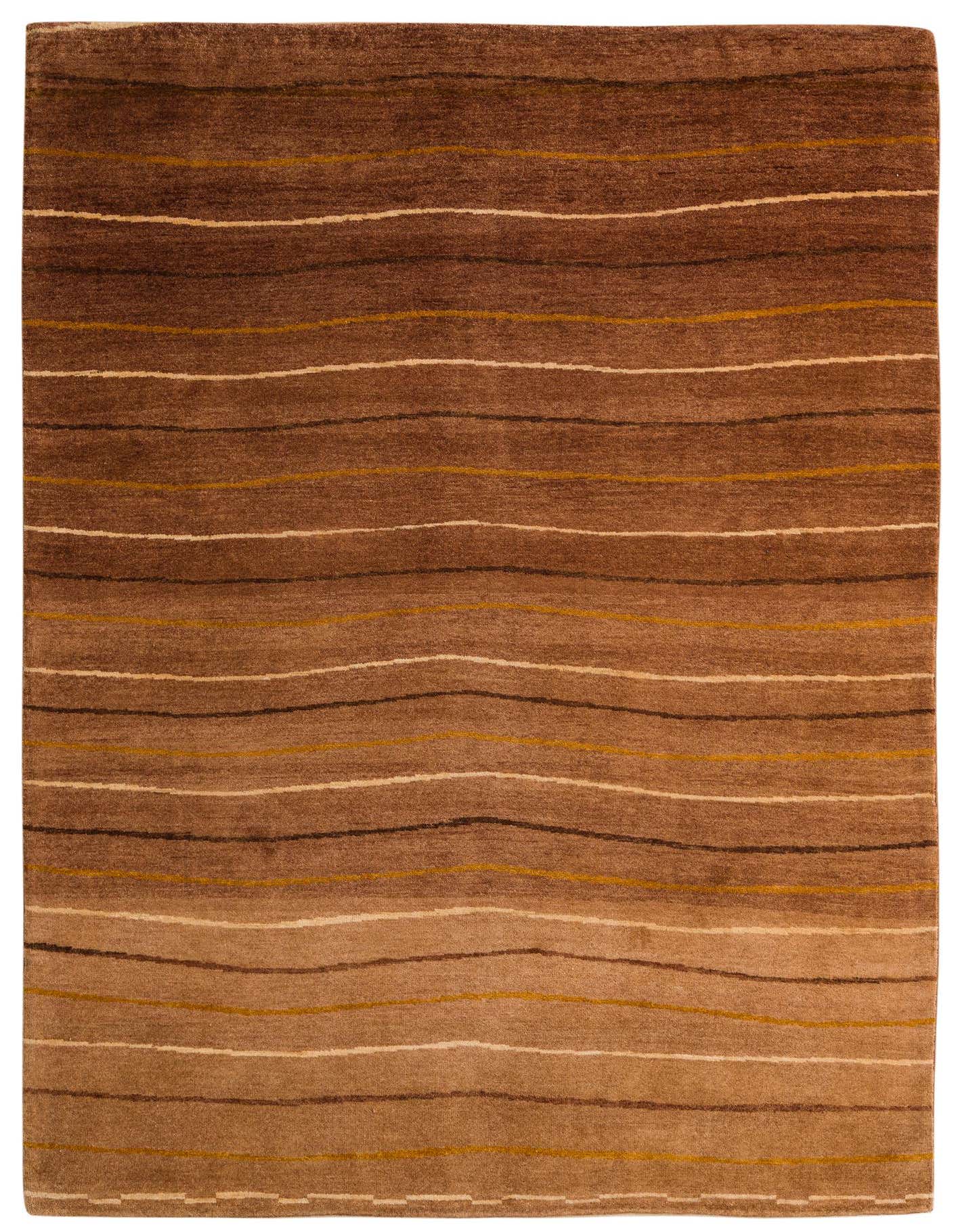 A 5x8 rectangular Kashkuli Gabbeh rug featuring a modern abstract pattern with varying shades of brown and tan horizontal stripes.