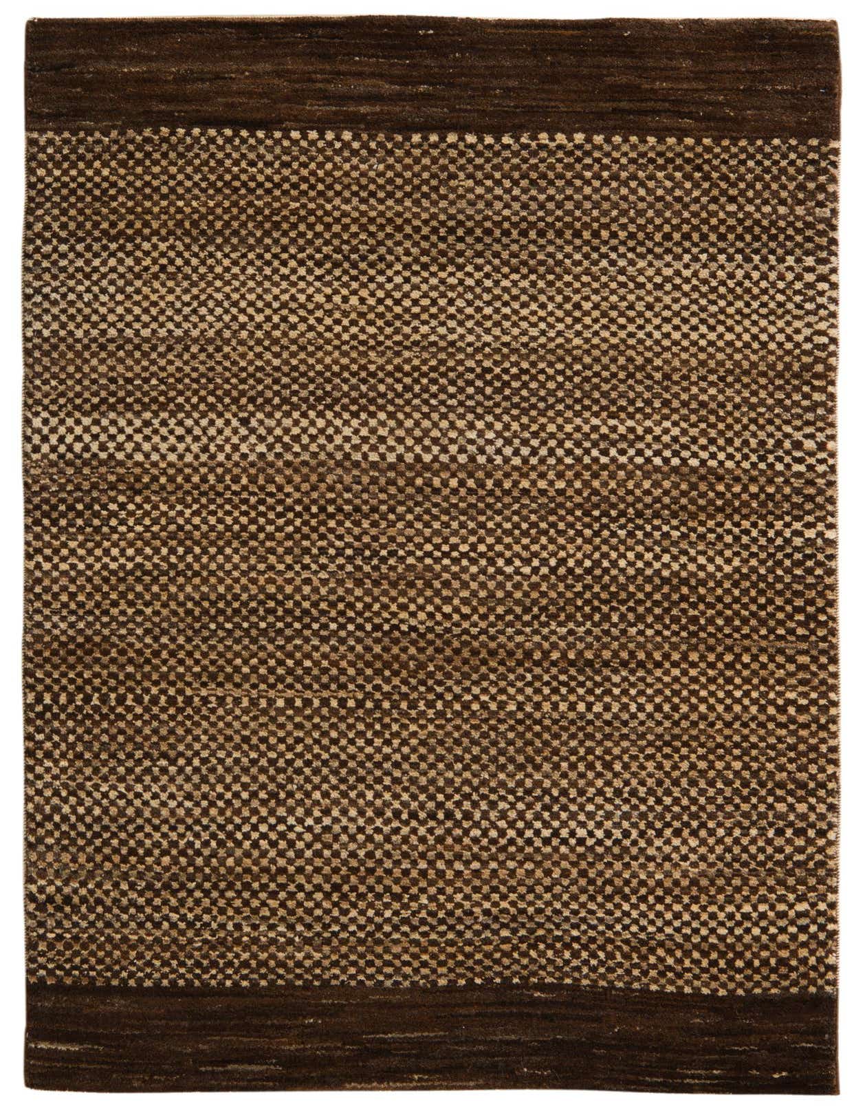A 3x5 rectangular Kashkuli Gabbeh rug featuring a modern abstract pattern in varying shades of brown and tan, with solid dark brown borders.
