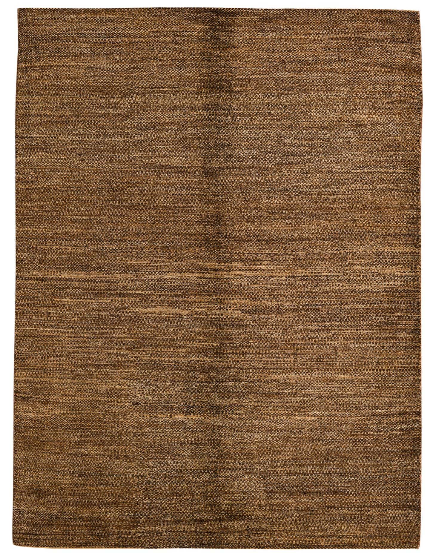 A 5x8 rectangular Kashkuli Gabbeh rug in varying shades of brown and tan, featuring a textured, modern abstract pattern.