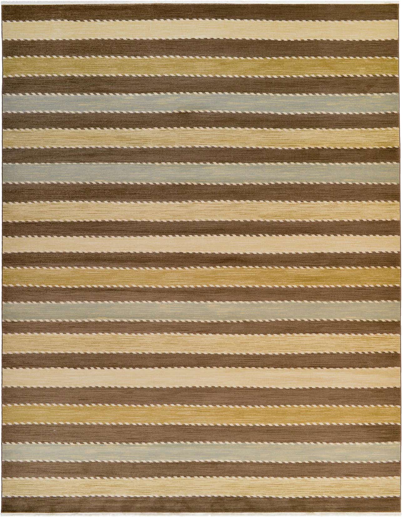 Rectangular Kashkuli Gabbeh rug with horizontal stripes in varying shades of brown, tan, and light blue, featuring a textured, medium pile.