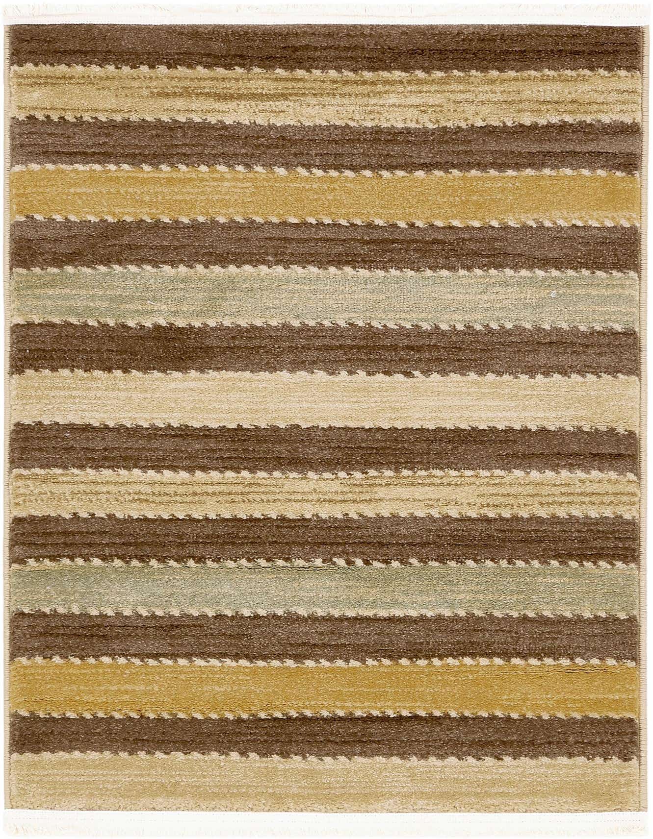 A 2x3 rectangular Rugs.com Kashkuli Gabbeh rug featuring horizontal stripes in varying shades of brown, tan, and light green, with a medium pile texture.