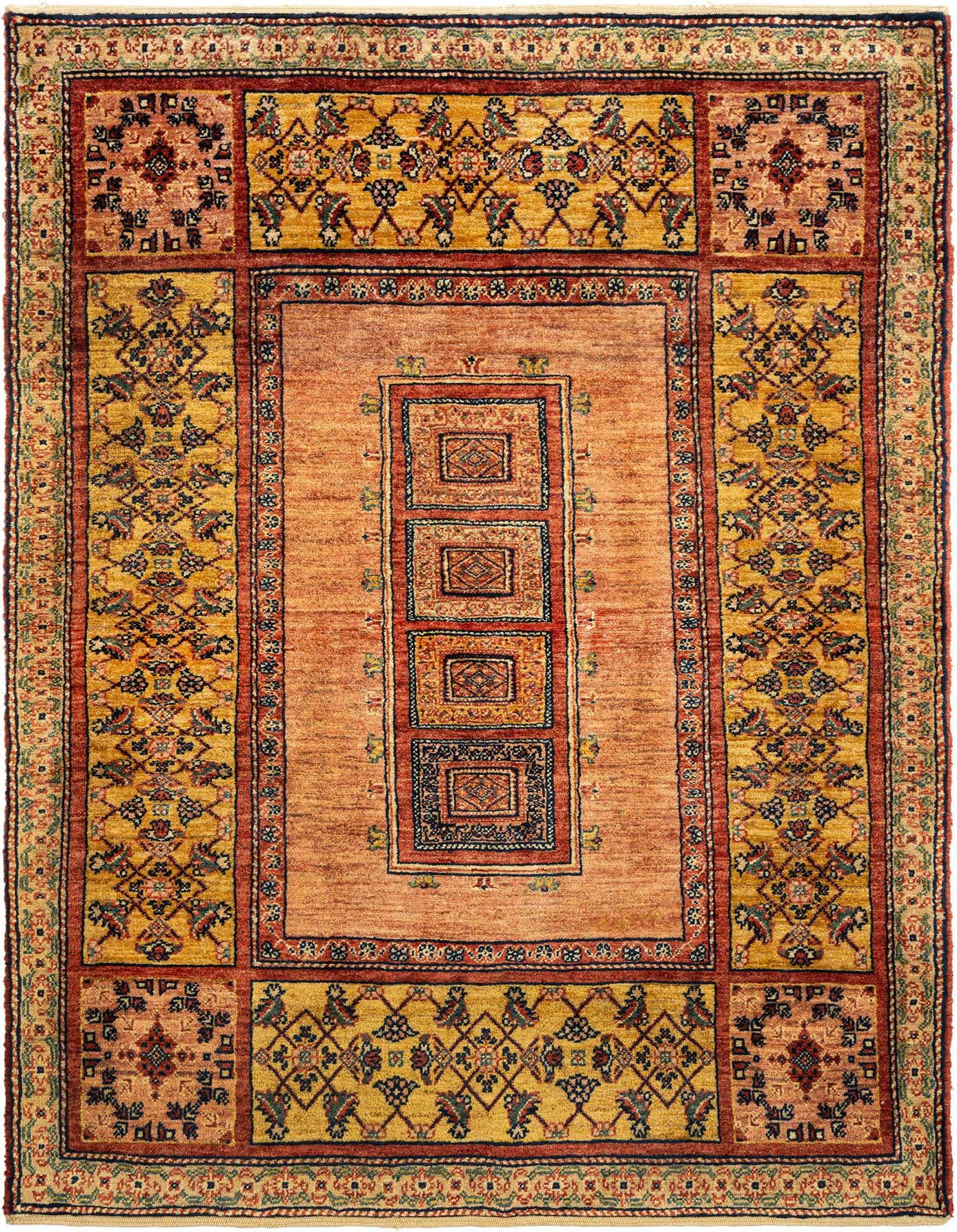 A 3x5 rectangular Kashkuli Persian rug with a brown and tan field, featuring intricate gold, red, and blue traditional patterns.