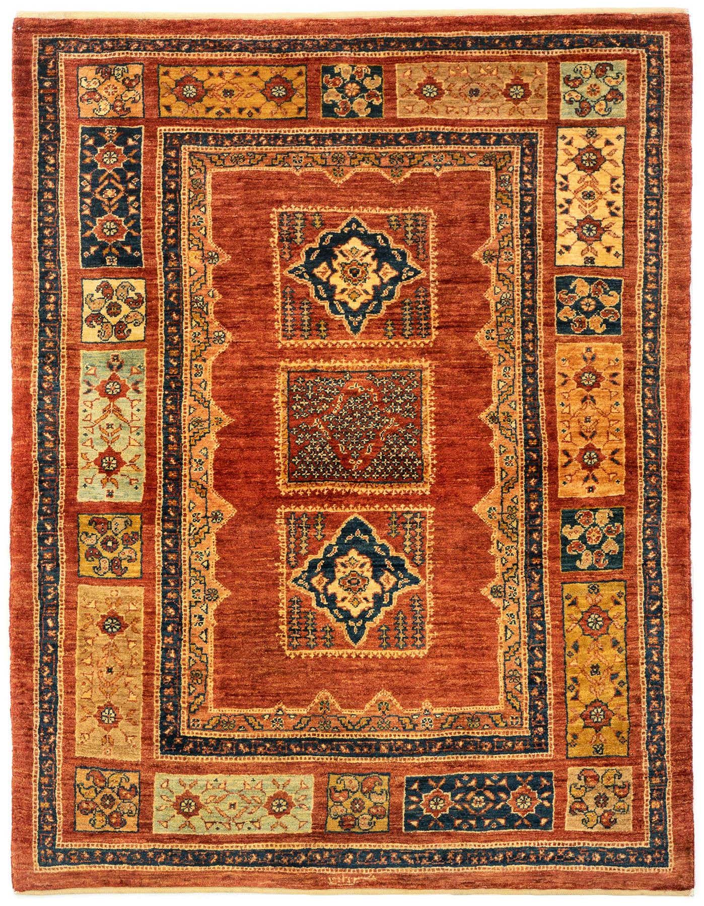 A 3x5 rectangular Kashkuli Persian rug featuring a rich brown and tan color palette with intricate traditional patterns, handmade from Kork and wool.