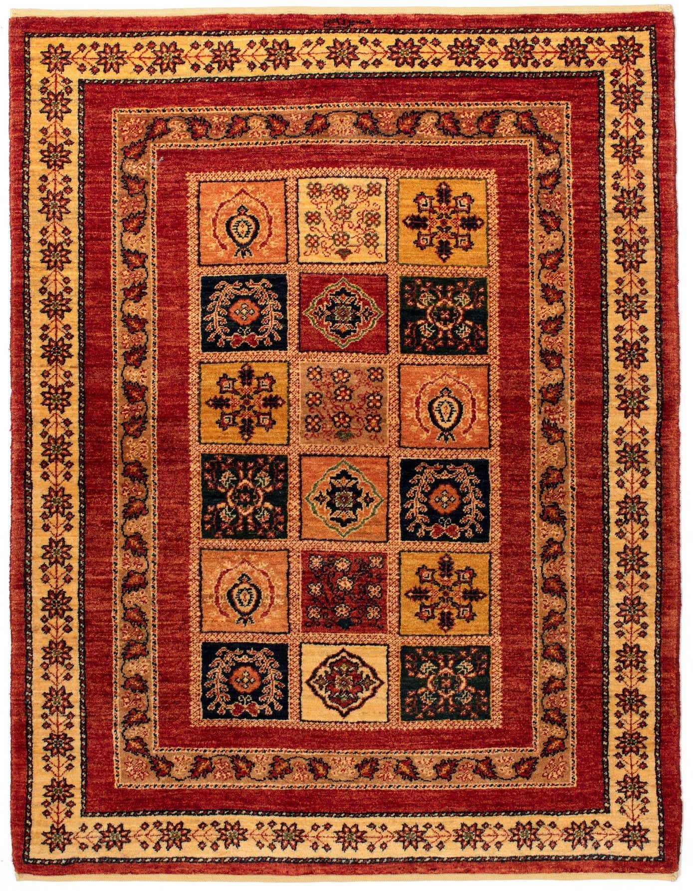 A rectangular 3x5 Kashkuli Persian rug with a rich brown and tan color palette, featuring a central grid of ornate, multicolored squares and a detailed floral border.