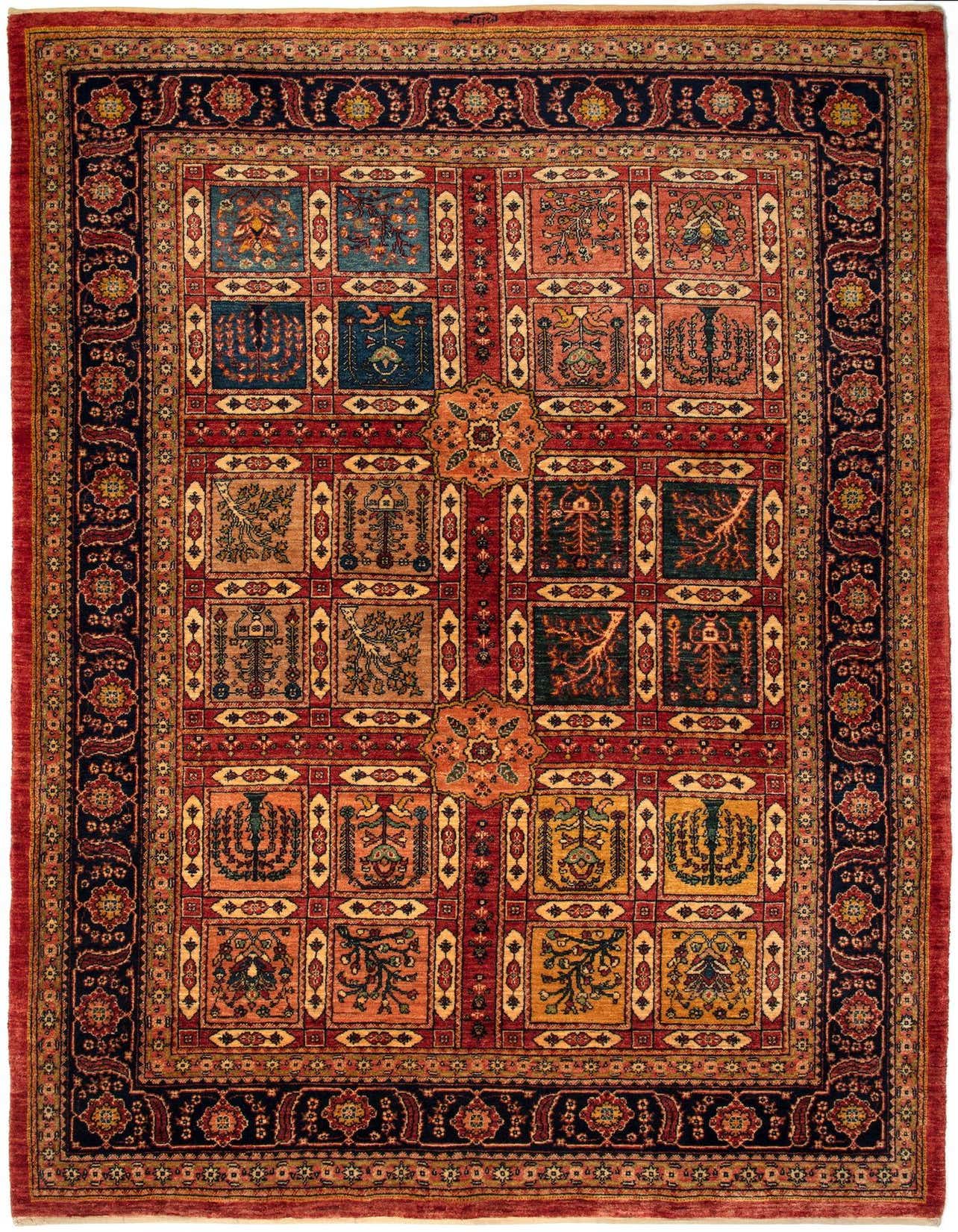 A 6x9 rectangular Kashkuli Persian rug featuring a grid of multi-colored squares with intricate floral and tree-of-life patterns, framed by a dark blue and red border.