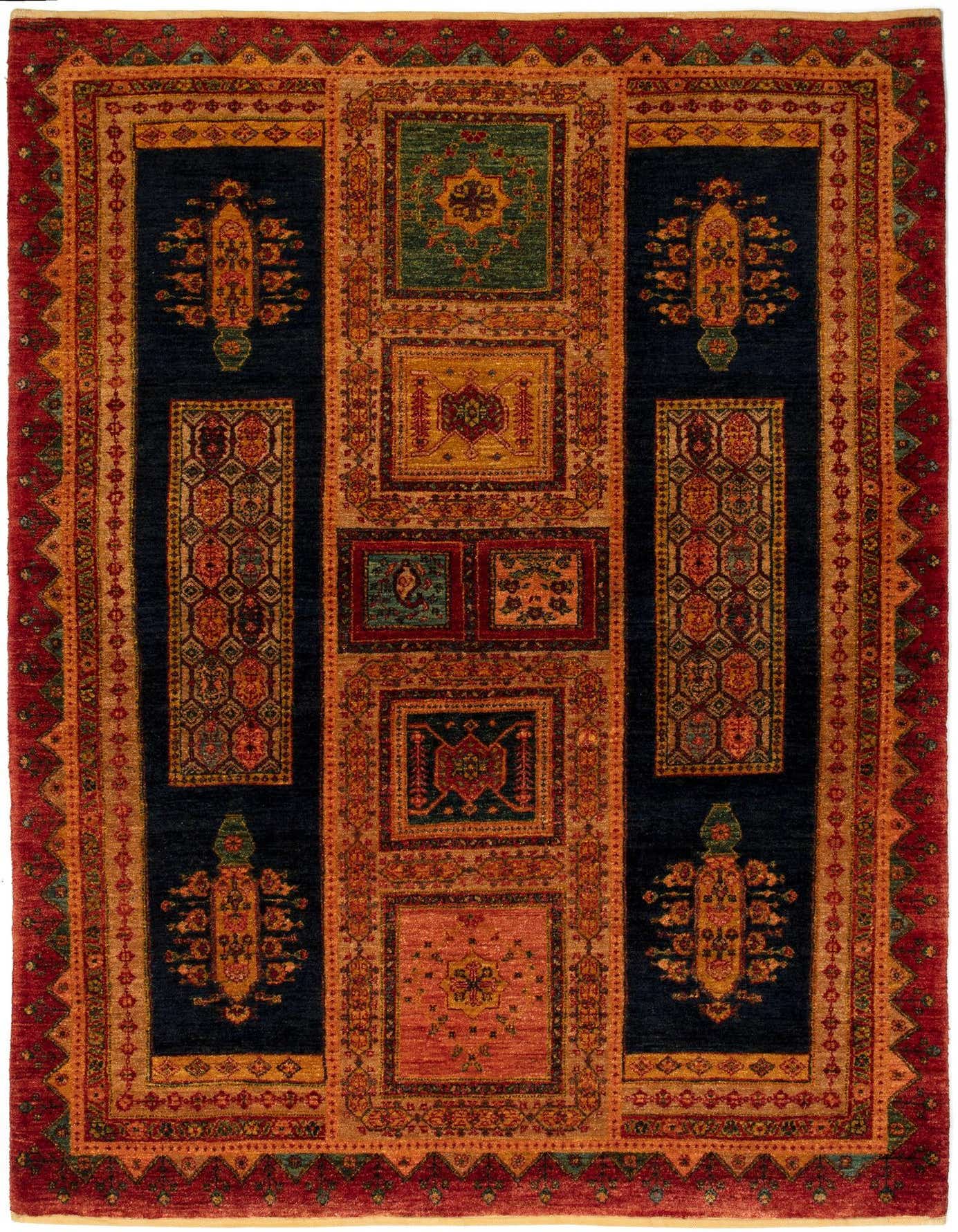 A 4x6 rectangular Kashkuli Persian rug with a complex pattern in browns, tans, reds, and blues, featuring multiple medallions and borders.