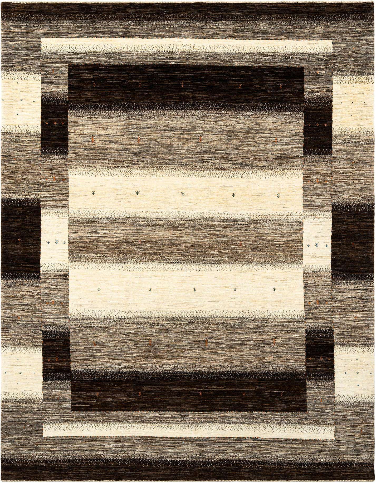 A rectangular handmade Persian rug featuring horizontal stripes in varying shades of brown and tan, with a darker brown border.