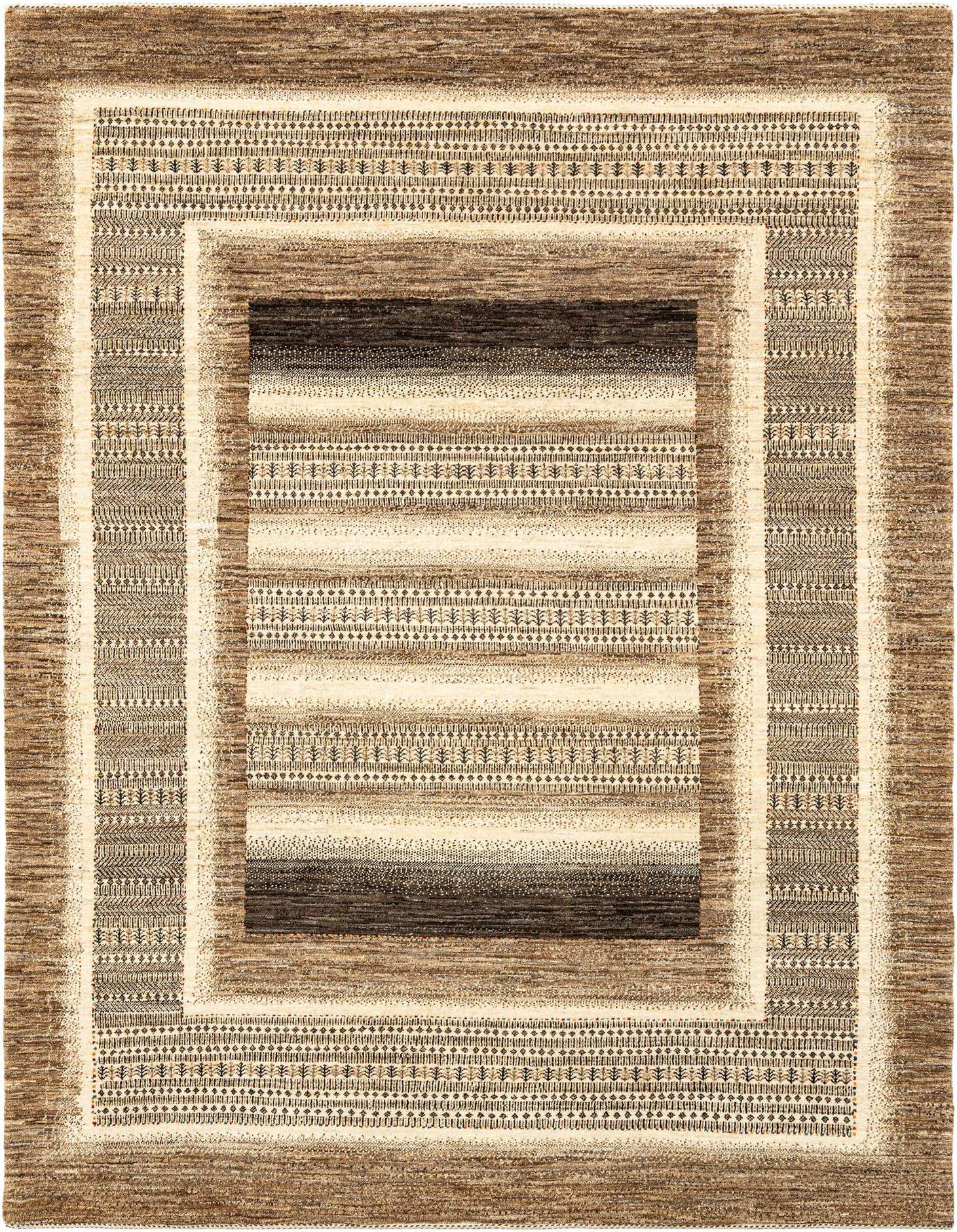A rectangular Kashkuli Persian wool rug featuring concentric borders in shades of brown and tan with intricate patterns.