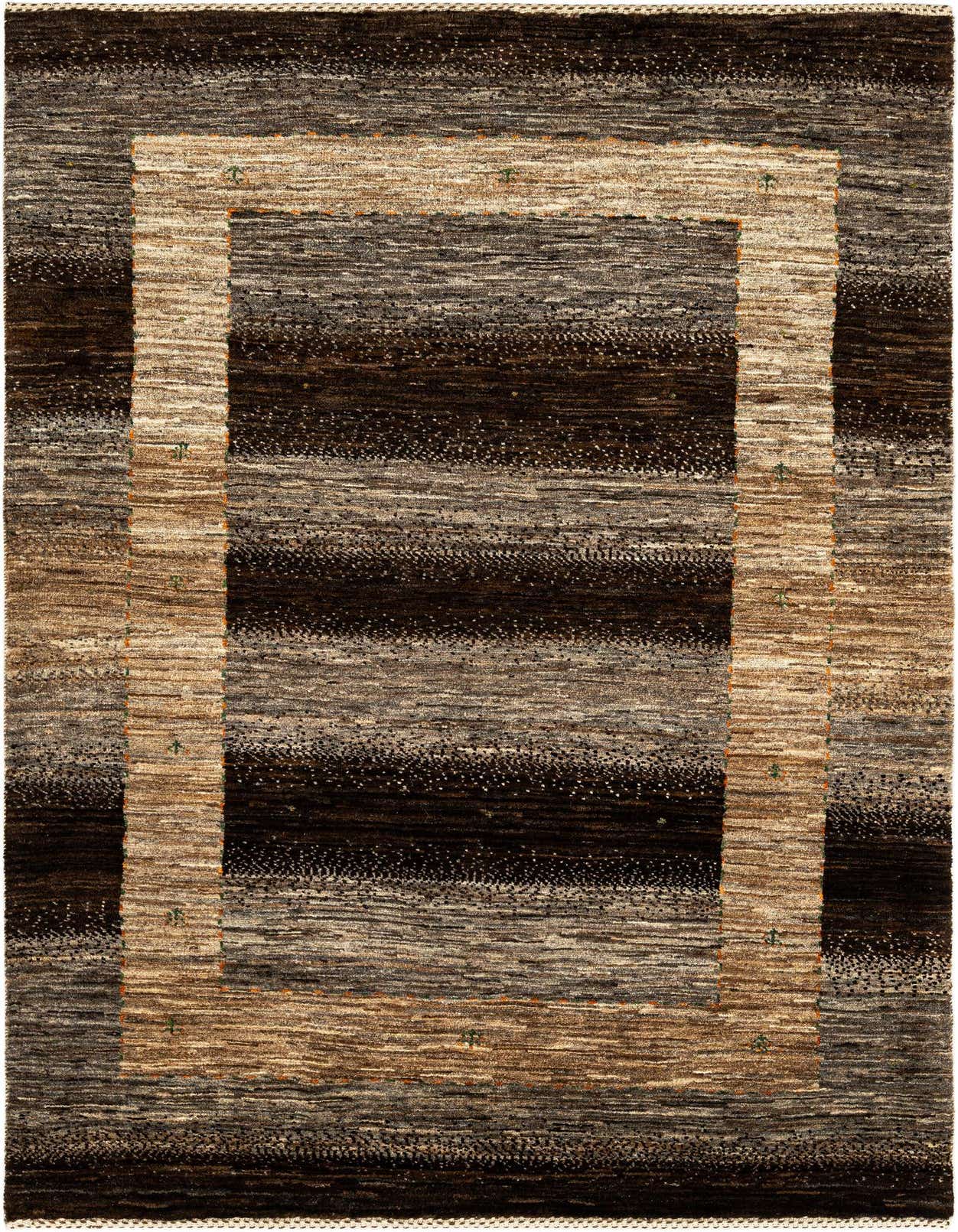 Rectangular Kashkuli wool rug in shades of brown and tan, featuring horizontal stripes and a light tan border.