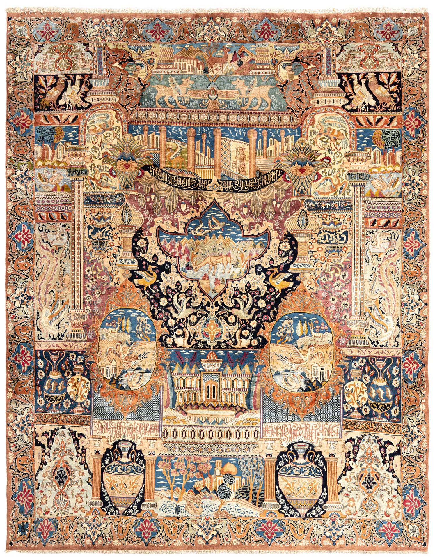 A large rectangular 10x13 Persian rug in browns and tans, featuring intricate historical scenes, animals, and architectural motifs.